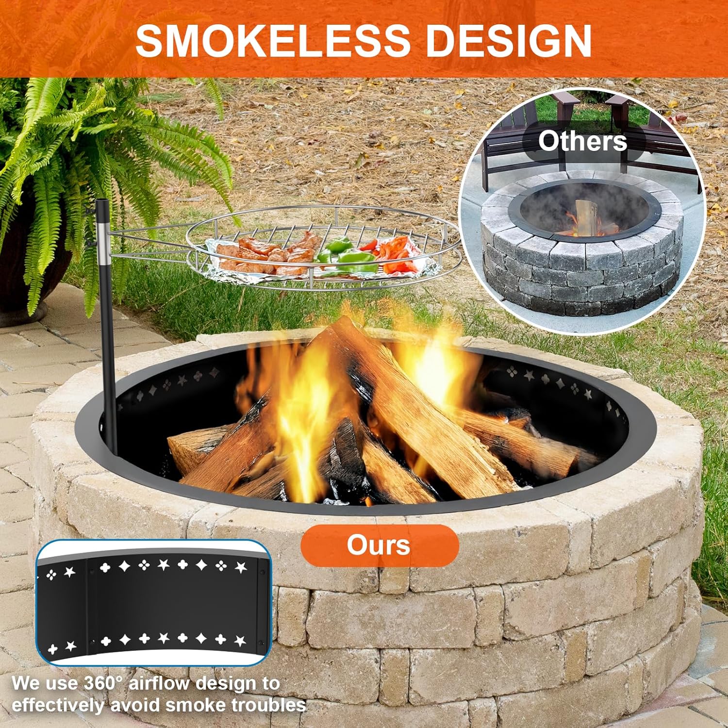 36inch Fire Pit with Grill, DIY Smokeless Firepit Bowl Metal Fire Rings for Outside, Large Round Smokeless Firepit Insert, Heavy Duty Carbon Steel Fire pits for Camping and Patio