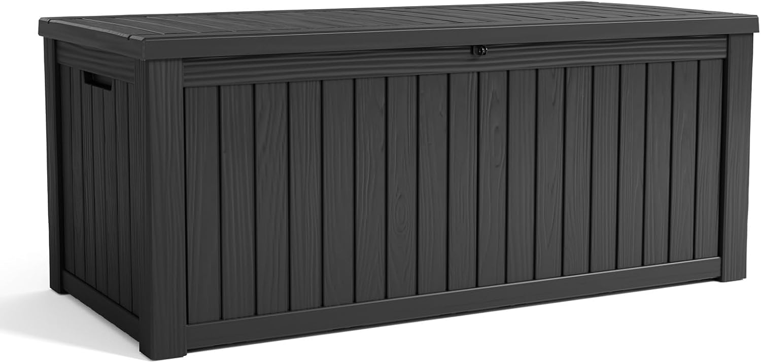 150 Gallon Waterproof Outdoor Resin Deck Box with Lockable Lid, Easy Assembly Features and Convenient Handles For Cushion, Pillows and other Patio Furniture (Black)