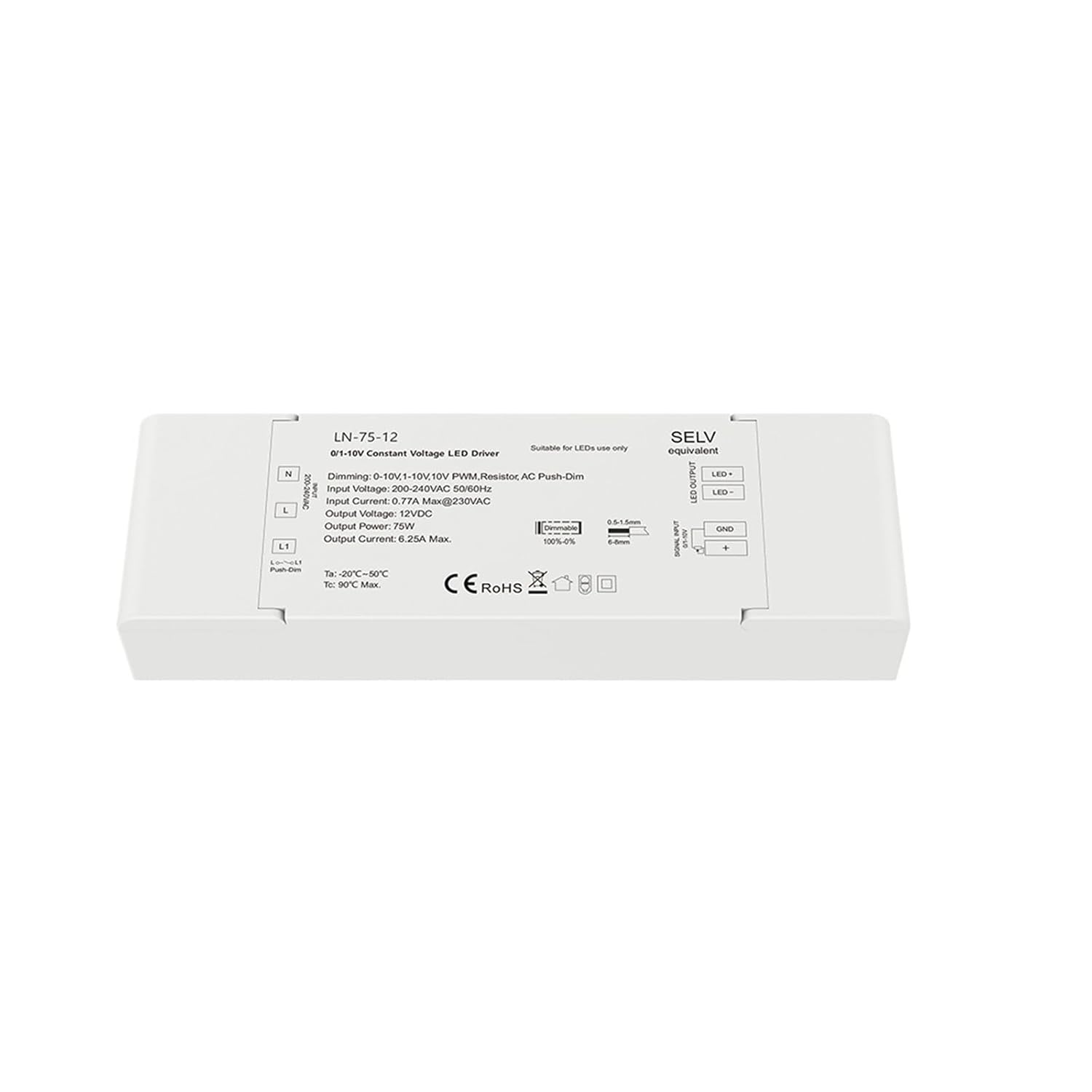 Dimmable LED Driver 75W 40W AC 100V-240V to DC 12V 24V Transformer 0-10V 1-10V 10V PWM Dimming(LN-75-12 Only)