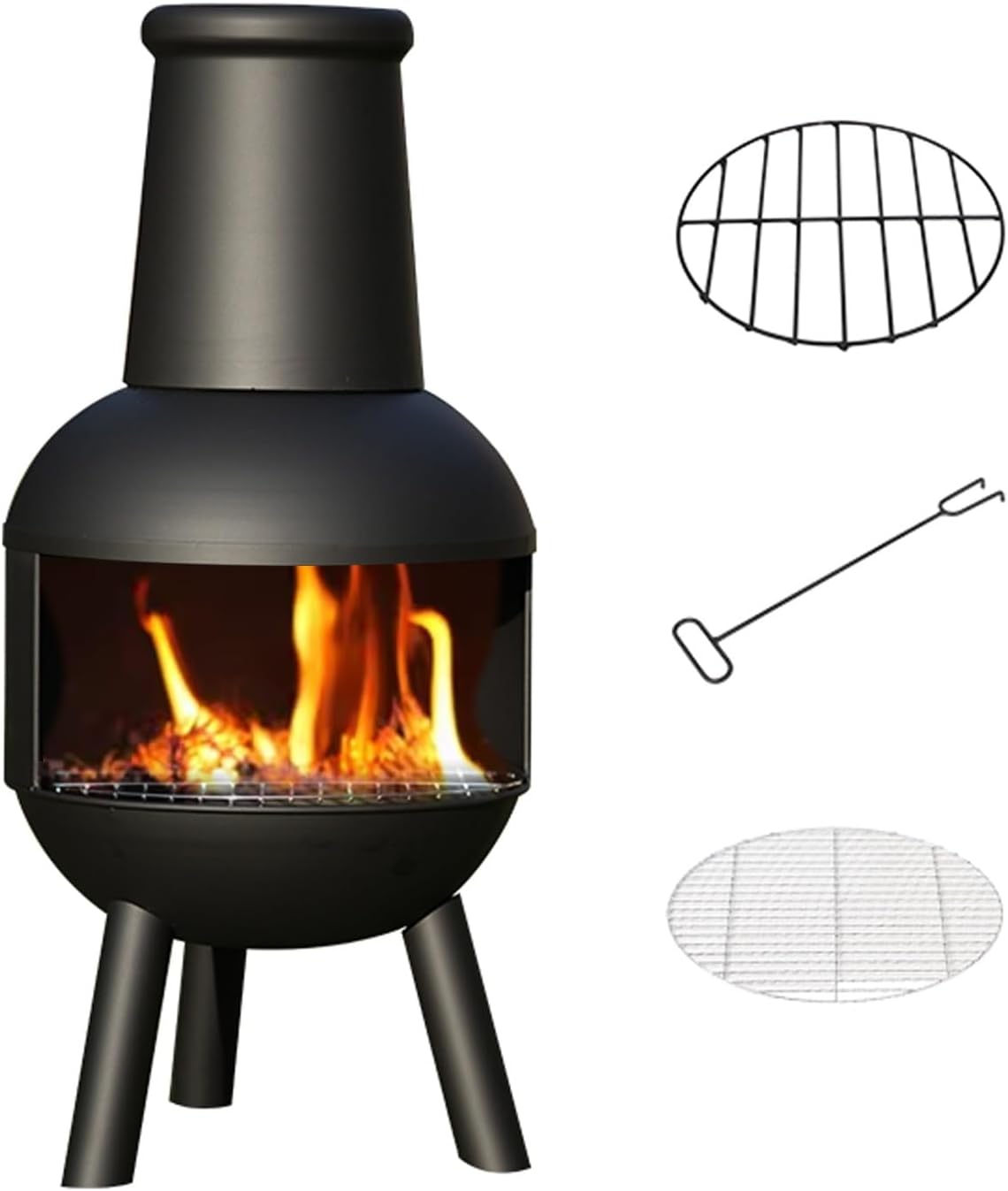 Chiminea, Outdoor Wood Burning Firepit, Fireplace for BBQ & Warming, with Grill Mesh, Chimney & Firewood Rack, for Patio, Garden, Backyard