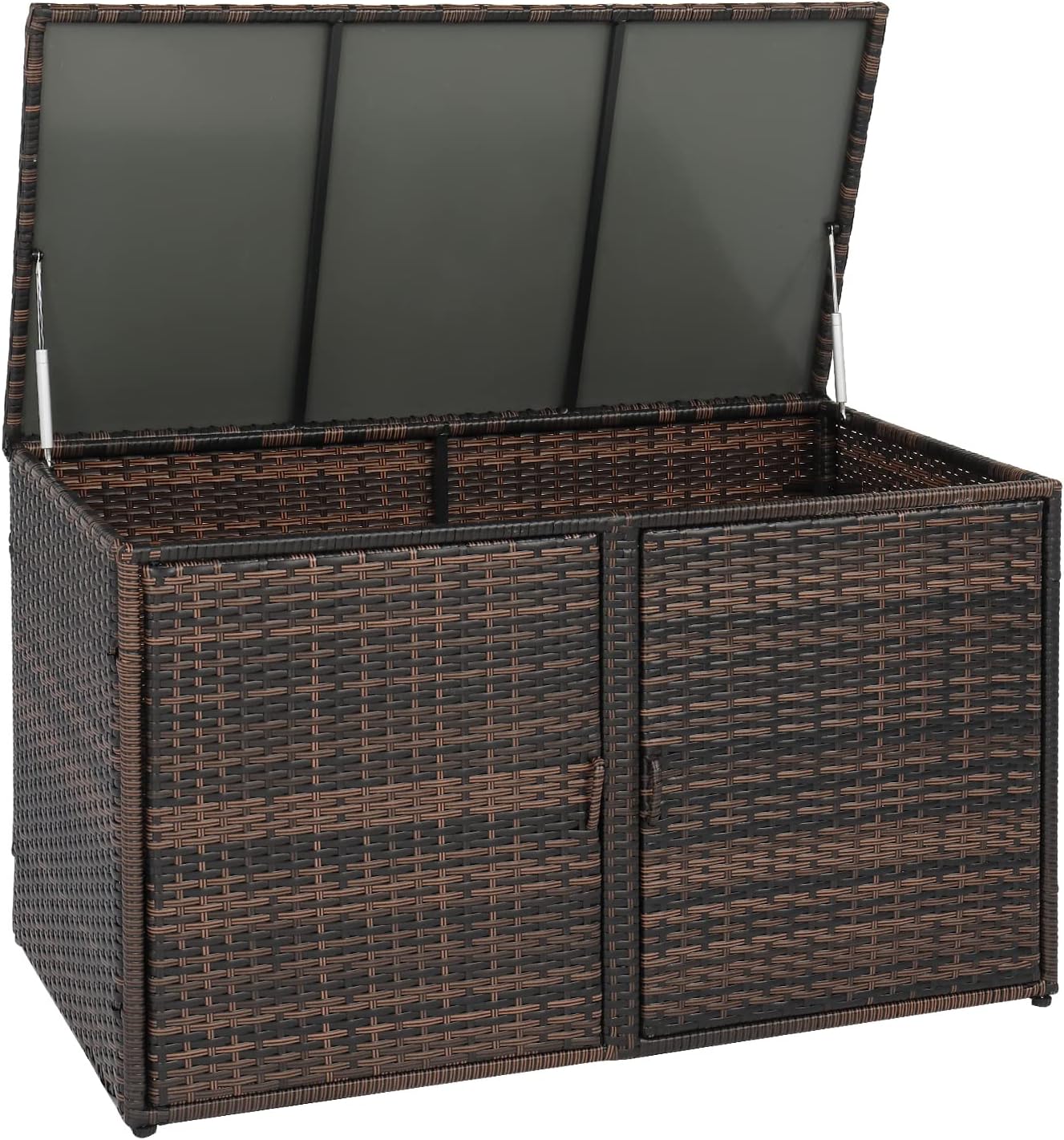 Henf Outdoor Wicker Storage Box Patio Rattan Deck Box with Double Doors & Shelf, All Weather Patio Furniture Storage Organizer for Storing Tools, Accessories and Toys (Brown)