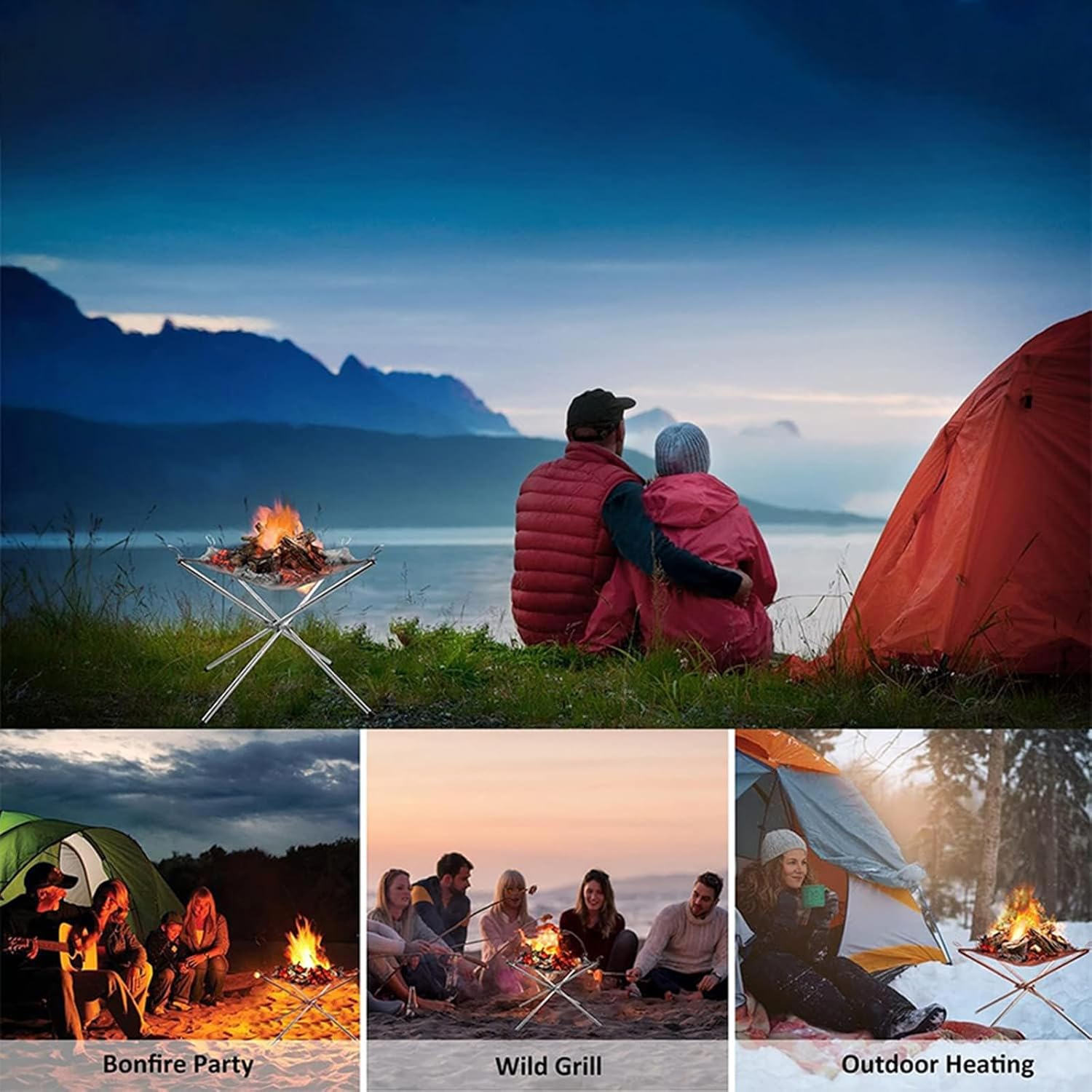 Portable Outdoor Fire Pit Foldable Stainless Steel Mesh Fire Pit Wood Burning, Collapsible Fireplace Space Saving Perfect for Camping, Backyard, Patio, Garden,55 * 55 * 48cm