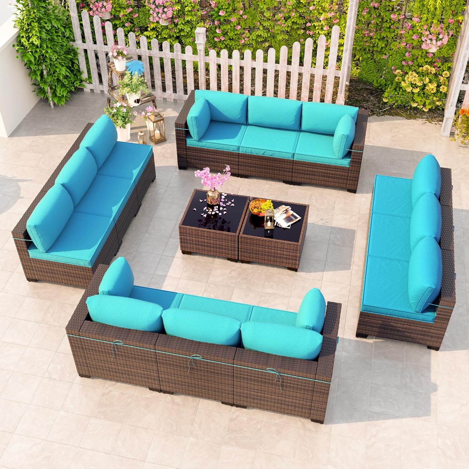 Kullavik 14 Pieces Outdoor Patio Furniture Set,Sectional Rattan Sofa Set Brown PE Rattan Wicker Patio Conversation Set with Tempered Glass Coffee Tables and Washable Cushions Covers,Turquoise Blue
