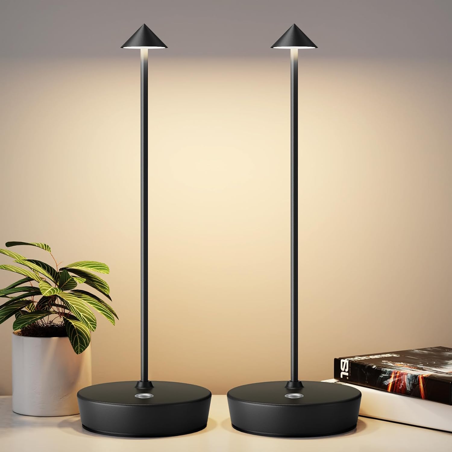 2Pack Rechargeable Cordless Table Lamp, Portable Powered LED Battery 6000mAh Metal USB Desk Lamp, 3 Levels Brightness Light for Restaurants Outdoor (2pack Black)