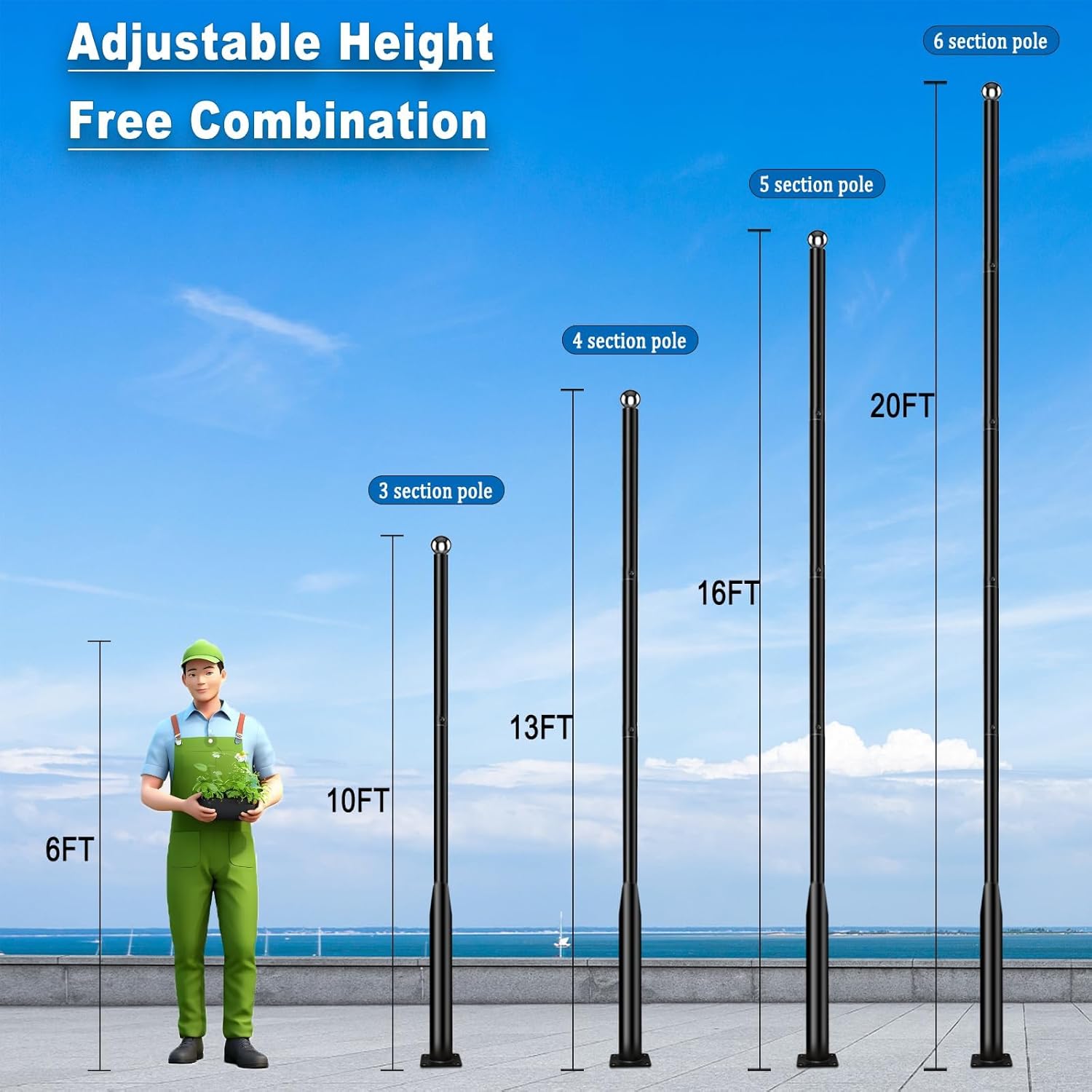 20Ft Tall Street Light Pole - Outdoor Metal Split Heavy Duty Street Lamp Post for Outside Large Solar Street Lights with Mounting Rebar Cage Base Accessory for Parking Backyard Patio Yard