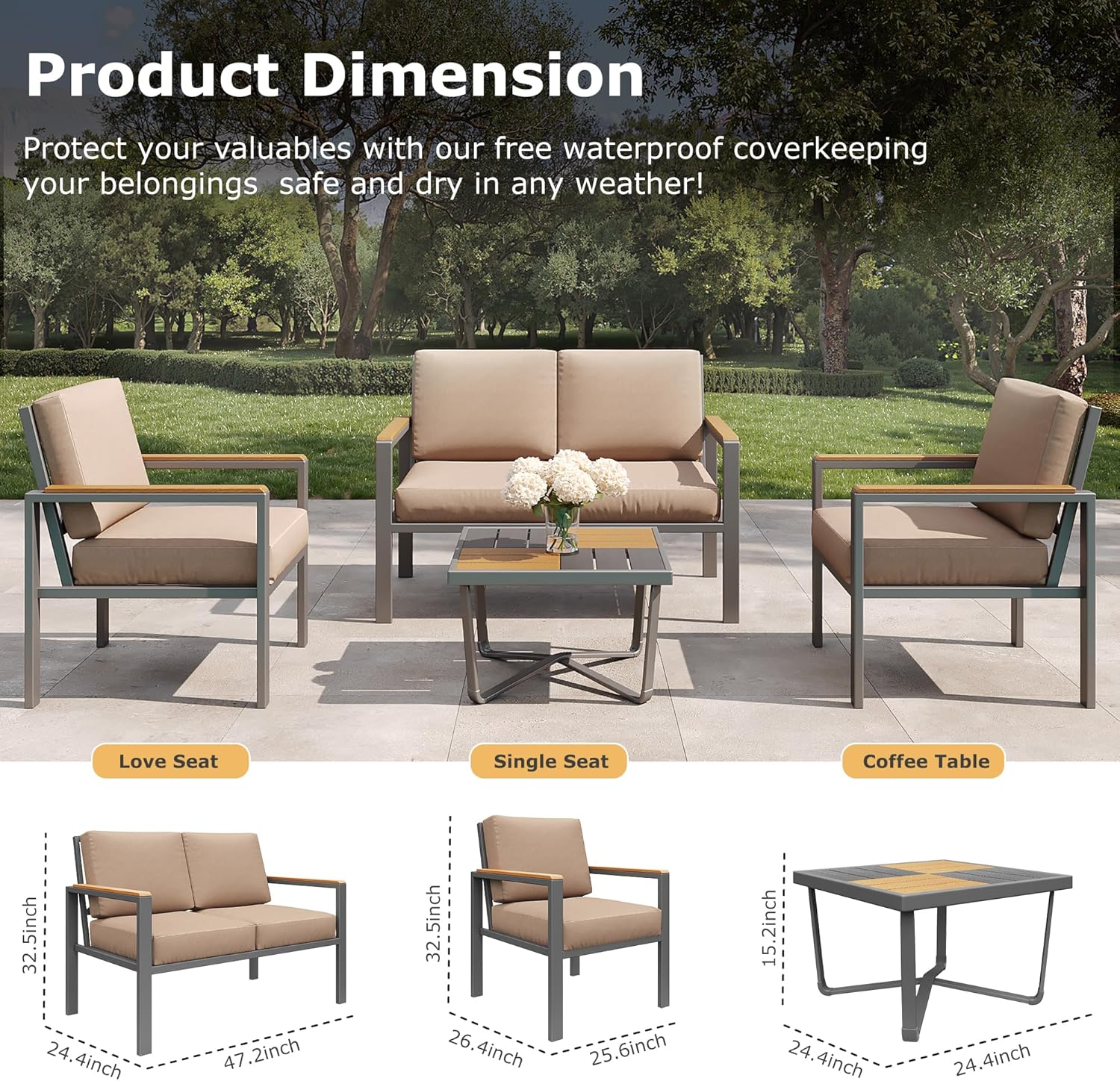 MBY 5-Piece Modern Patio Furniture Set with Fire Pit Table, Metal Outdoor Sectional with Cushions & Wood-Like Armrests, Cozy Conversation Set for Porch, Balcony, Garden, Yard-Brown