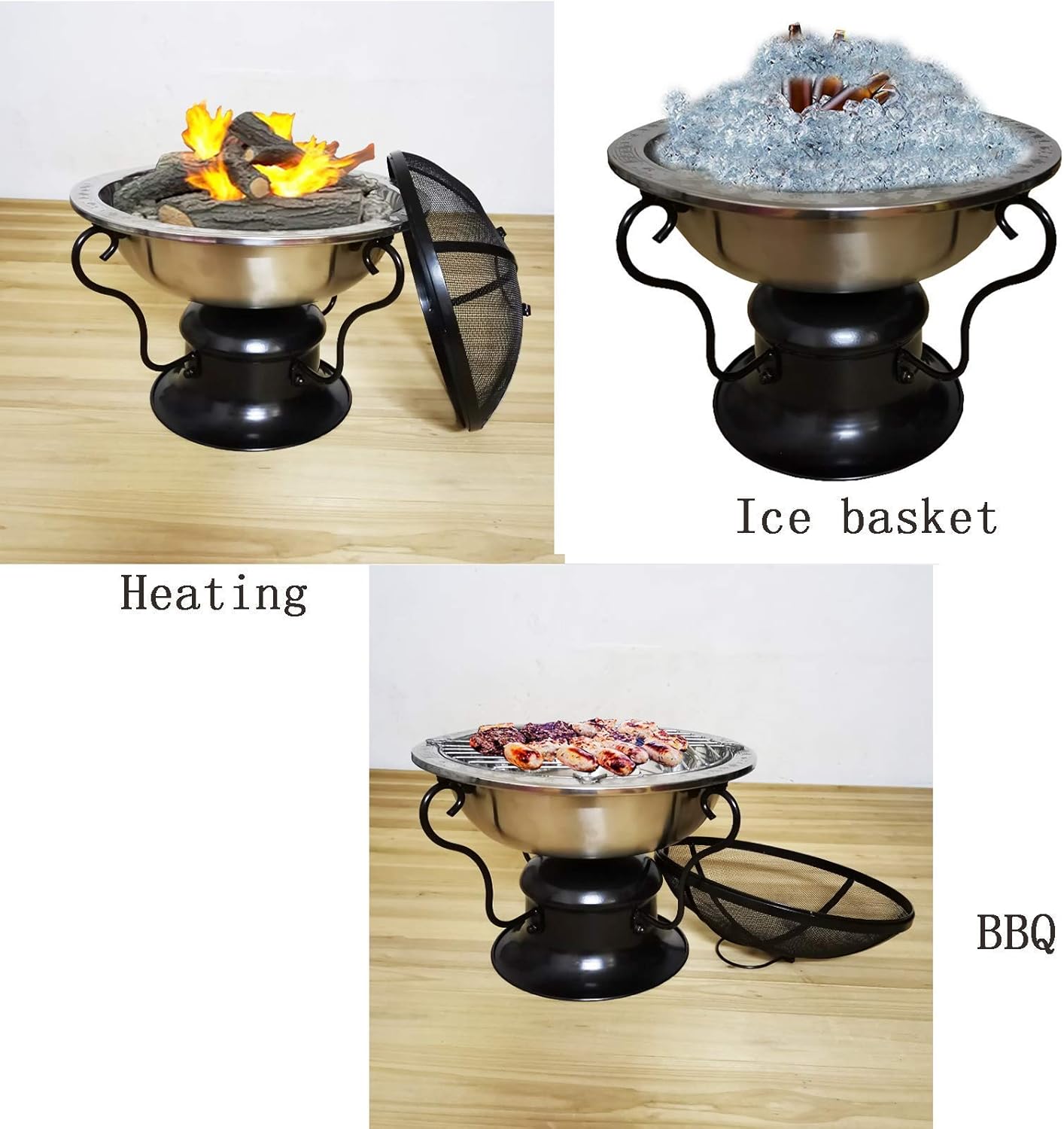 Garden Fire Pit Grill Bowl Grill Barbecue Rack Fire Pits Bowls,with Grill BBQ Large Cast Iron Wood Burning Round Log Burner Outdoor Firepits and Firebowlssteel Heater Tripod with Guard Lid