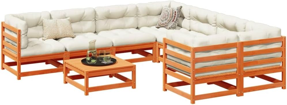9 Piece Patio Sofa Set with Cushions Wax Brown Solid Wood Pine, Patio Furniture Sets, Outdoor Furniture