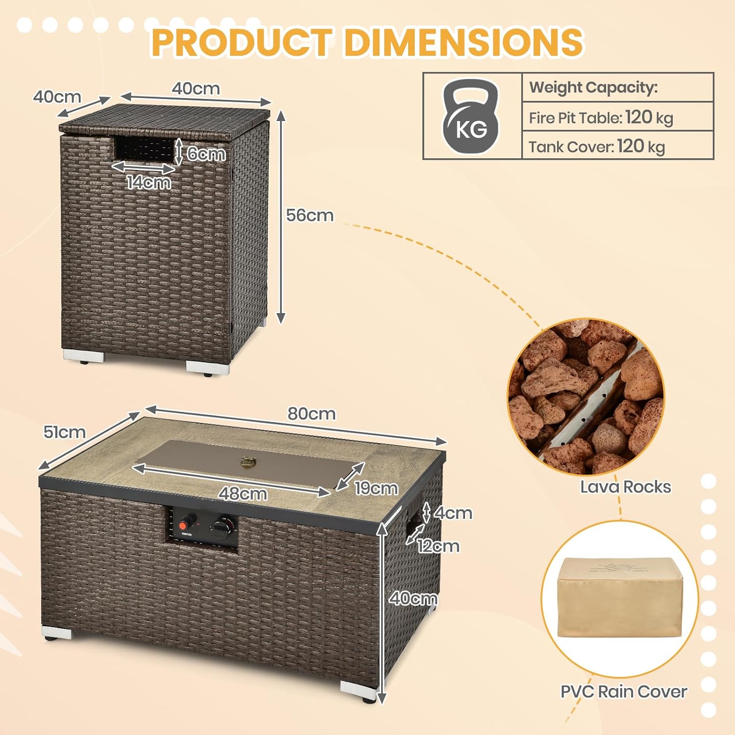 TANGZON Outdoor Fire Pit Table and Propane Tank Hideaway Table, 40,000 BTU Rattan Fire Pits with Lava Rocks, Side Handles & Waterproof Cover, Gas Tank Holder (2PCS Fire Pit & Hideaway Table Set)