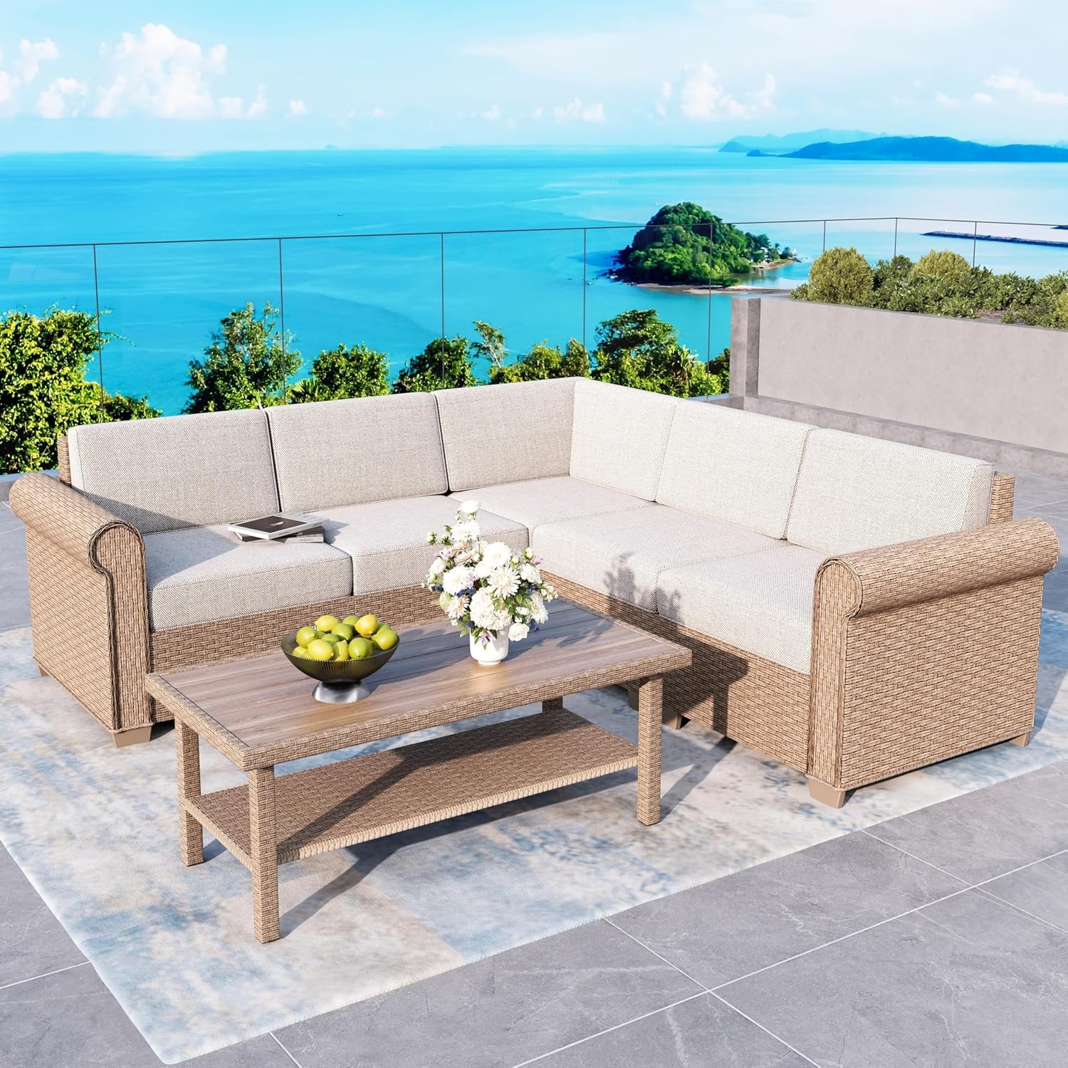 Patio Furniture Set 6 Piece, Wicker Rattan Sectional Sofa Couch with 5.5