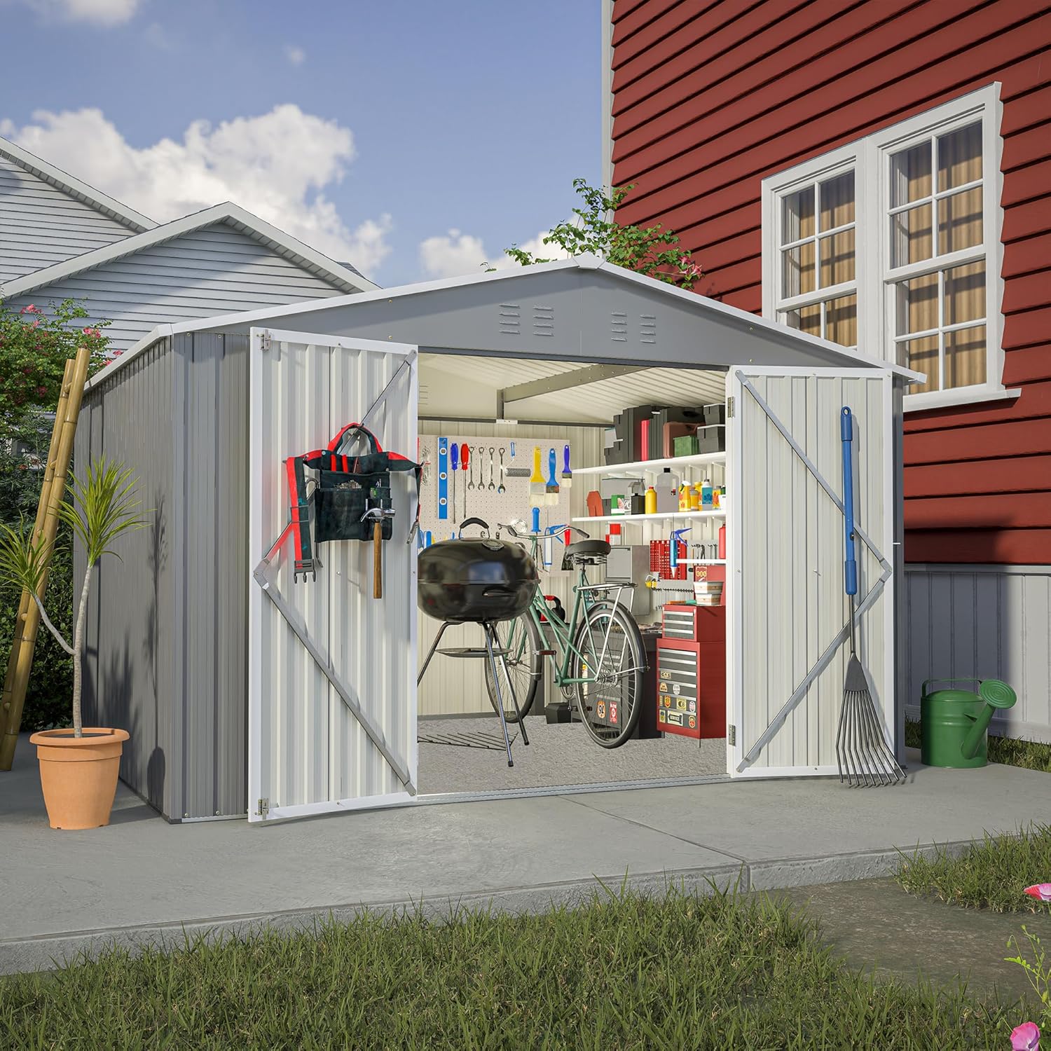 10X8 FT Outdoor Storage Shed W/Lockable Doors,Metal Shed W/Sloped Roof & Air Vents,All Weather Garden Tool House for Backyard Patio Lawn,Gray