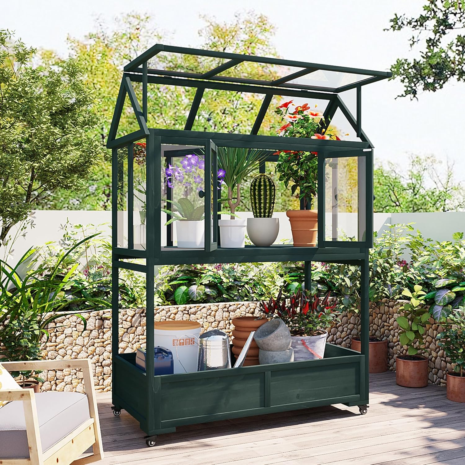 Garden Wooden Portable Growing Rack with Removable Wheels Mini Greenhouse with Openable Roof and Storage Box, Forest Green