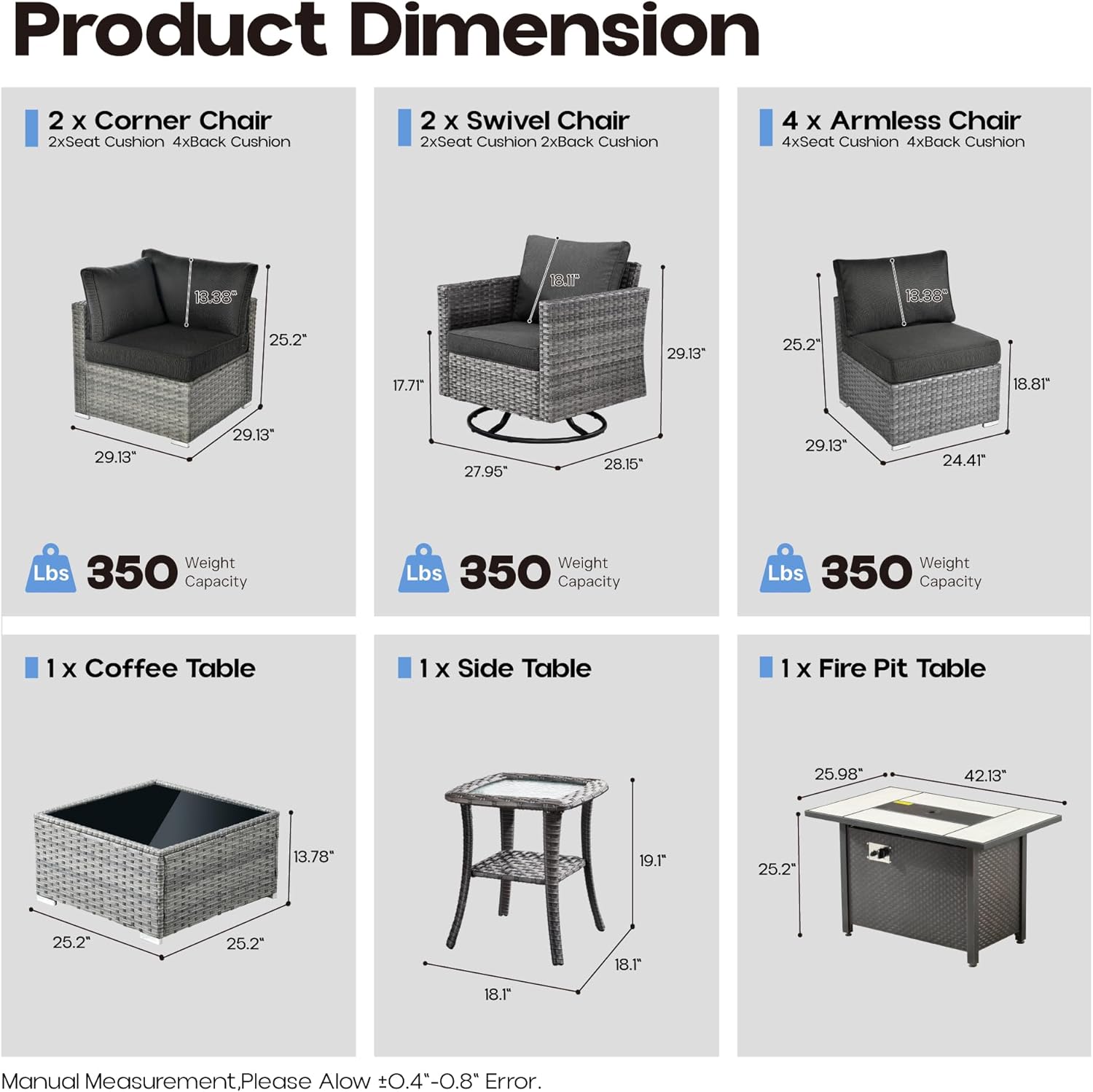 11 Pieces Patio Coversation Set with 42in Fire Pit Table, Outdoor Furniture Modular Couch with Swivel Rocking Chair, Rattan Wicker Sectional Sofa for Porch Balcony Backyard, Black