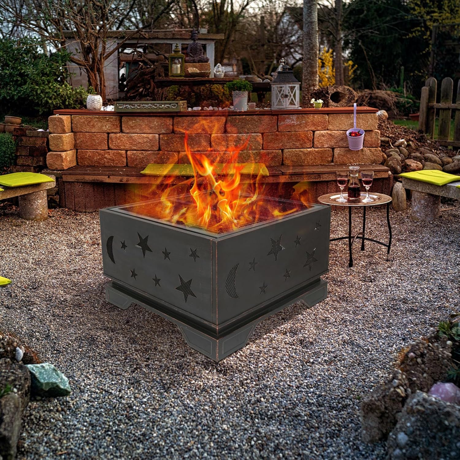 Outdoor Charcoal Grill Wood Burning Firepit for Patio Garden, Backyard, Camping - Large Burning Space Fireplace Accessories with Poker