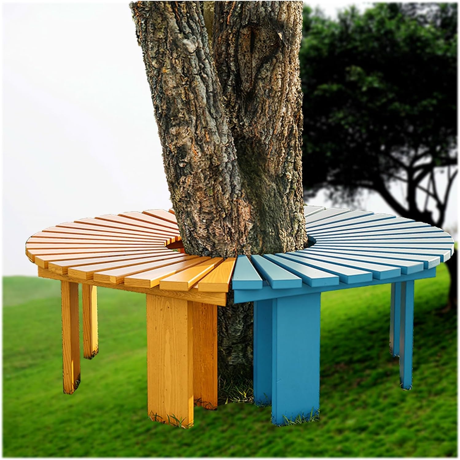 Outdoor Park semi Circle Bench, semi Circle Wraparound Tree Chair, Outdoor Garden Park Bench, Lawn Front Porch Path Patio Decoration Deck Furniture, Outdoor Furniture(Yellow+Blue)