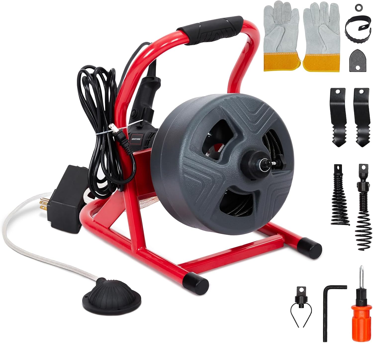 PIONEERWORKS 50Ft x 5/16 Inch Drain Cleaner Machine, Professional Electric Drain Auger for 3/4-3 Inch Pipes, Foot Switch with 6 Cutters, Gloves, Drain Auger Cleaner Sewer Snake - DA04