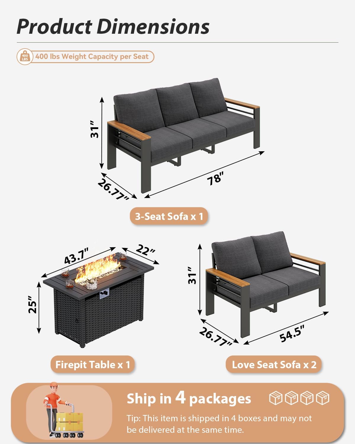 Aoxun Aluminum Outdoor Patio Furniture Set, 7 Seats Outdoor Sectional with Fire Pit Table, Patio Conversation Sets with Upgraded Armrests and Cushions for Backyard, Garden and Poolside（Dark Grey）