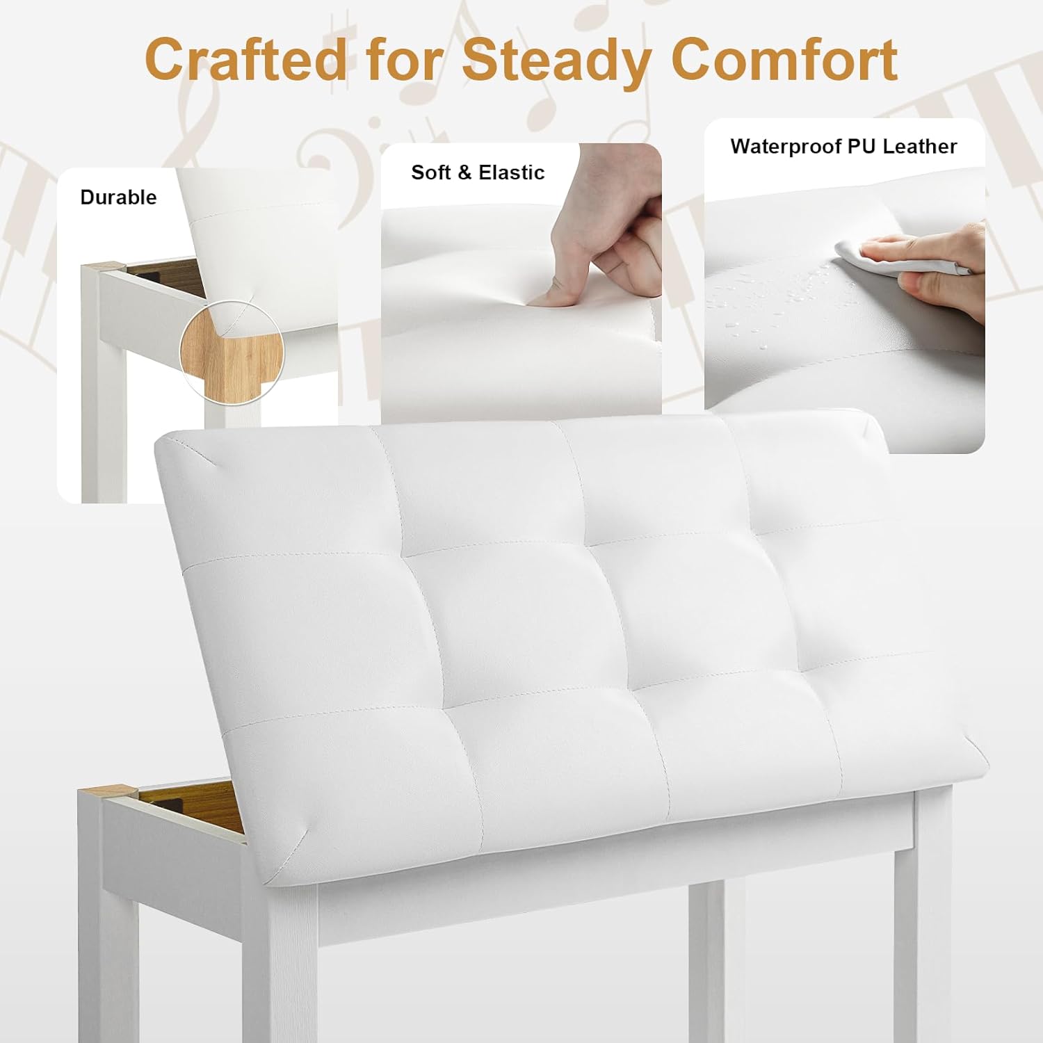 AiJoy Duet Solid-Wood Piano Bench for Digital Pianos, Waterproof PU Leather Padded Seat with Storage Compartment, Ideal for Home, Living Room & Vanity (White)