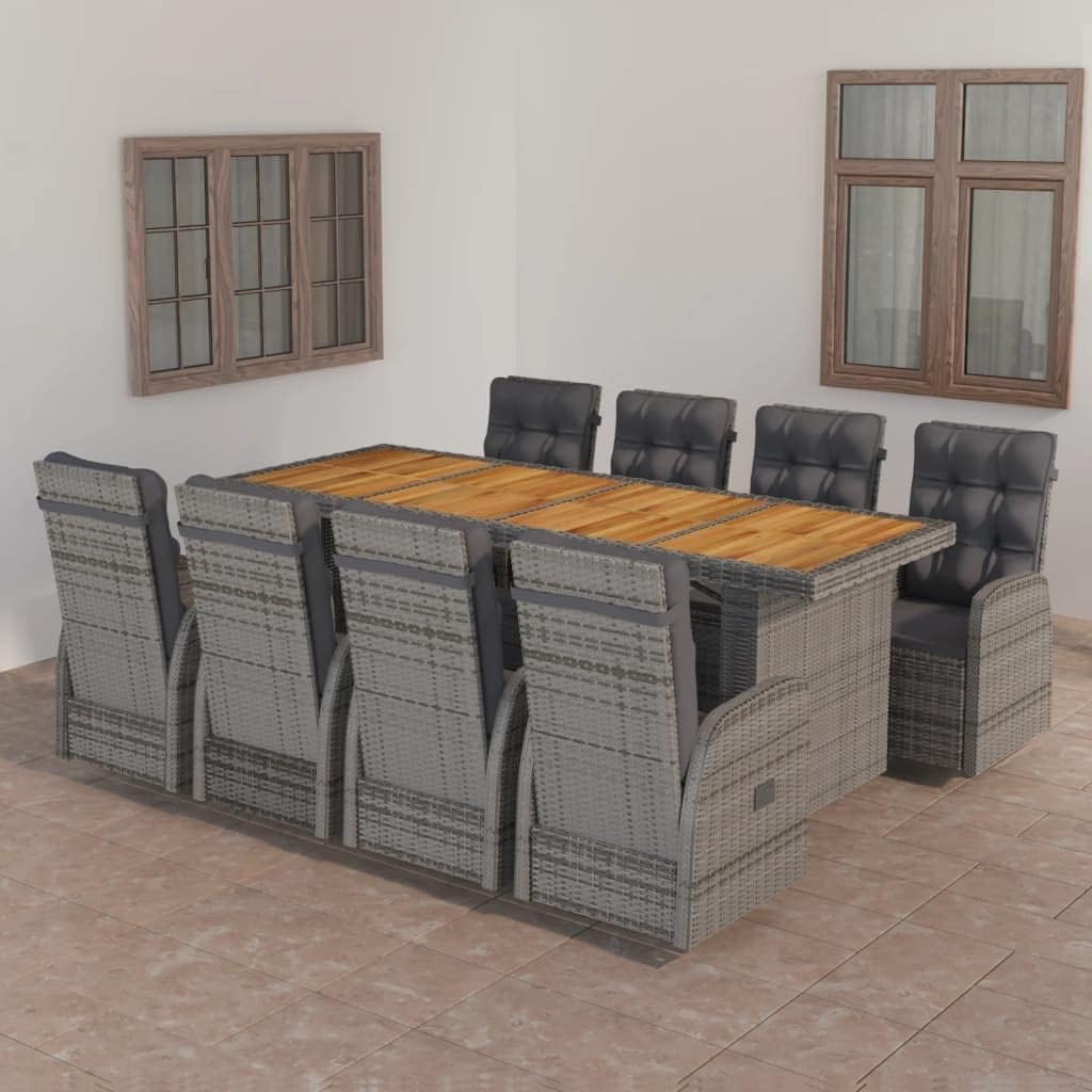 9 Piece Patio Dining Set with Cushions Poly Rattan Gray Garden Furniture