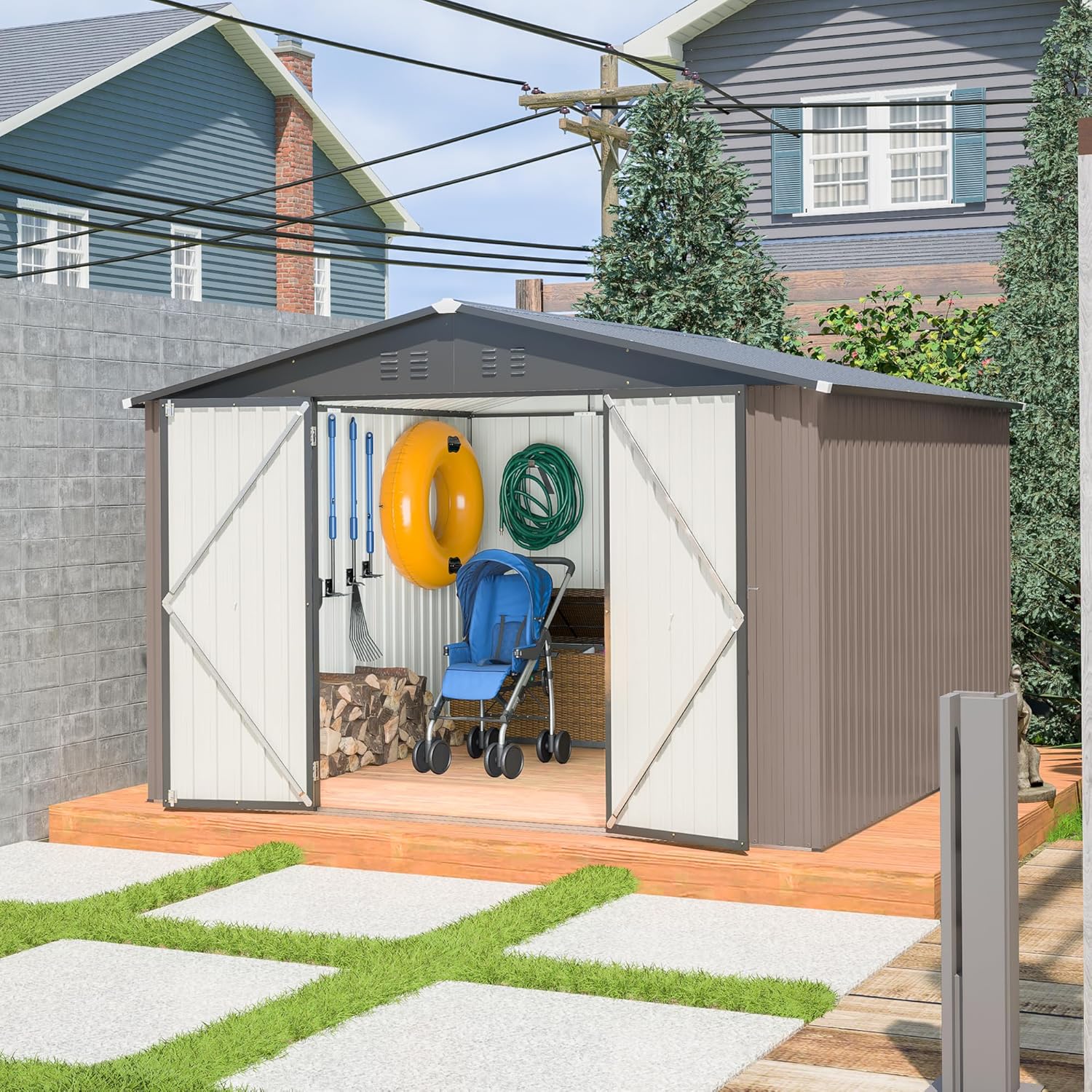 10x10 FT Outdoor Storage Shed, Large Metal Garden Shed with Lockable Hinged Doors, Outside Tool Shed with Sloped Roof & 4 Air Vents, Waterproof Storage Building for Backyard, Patio, Lawn, Brown