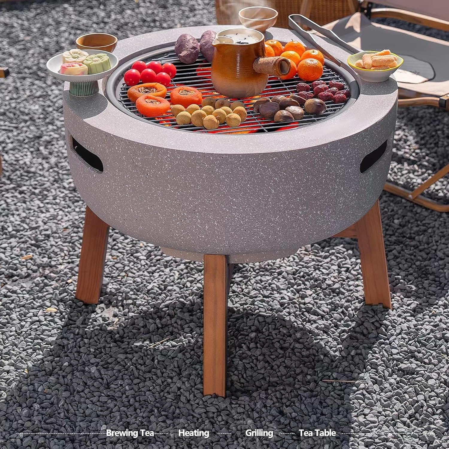 Concrete Fire Pit Table 23.6 Inch Round Wood Burning and Charcoal Grill with Spark Screen and Poker Modern Outdoor Fire Pit for Patio Garden Backyard BBQ and Heating