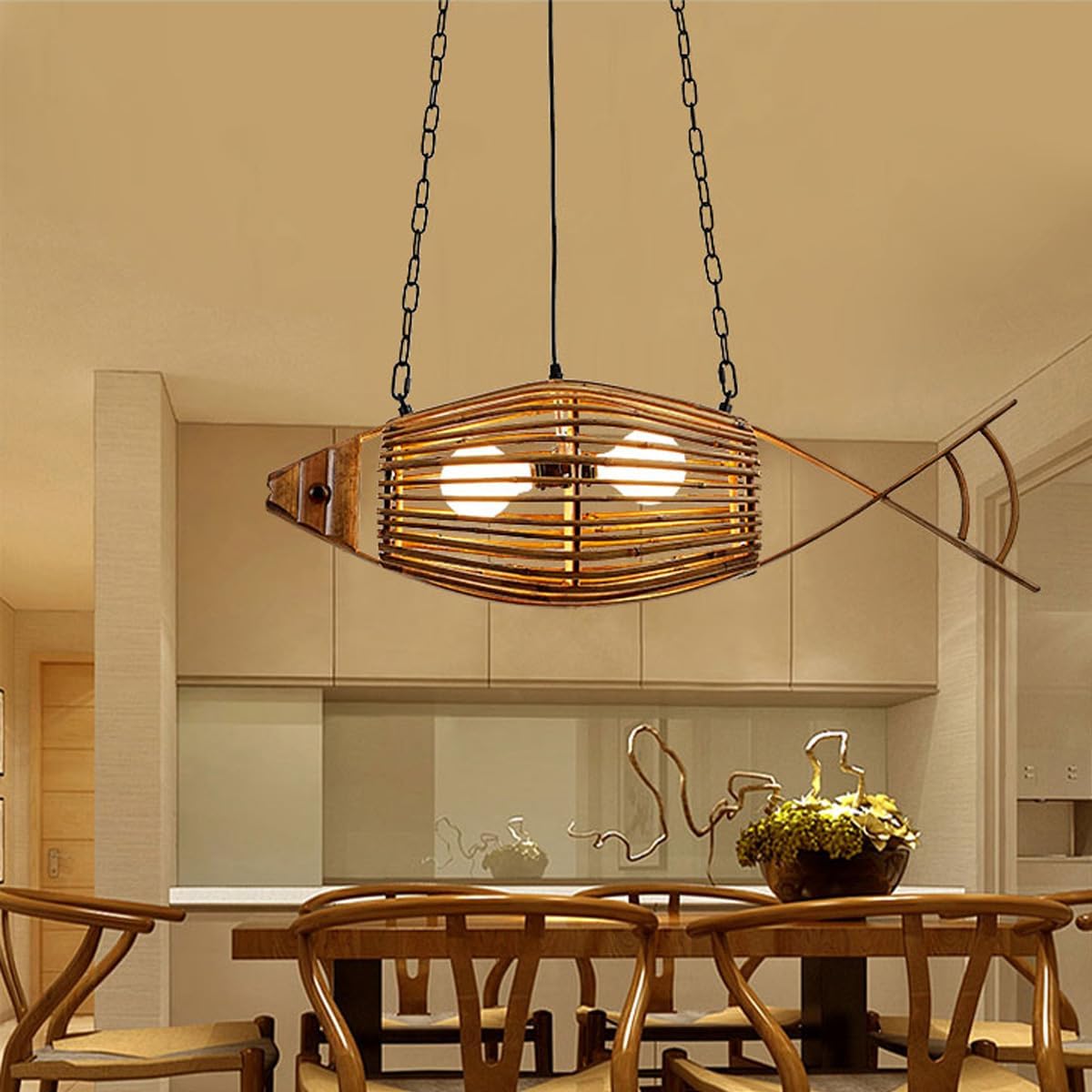 Rustic Fish Pendant Light,Hand-Woven Bamboo Hanging Lamp,Adjustable Kitchen Hanging Light,Boho Style Pendant Lamp for Living Room Bedroom