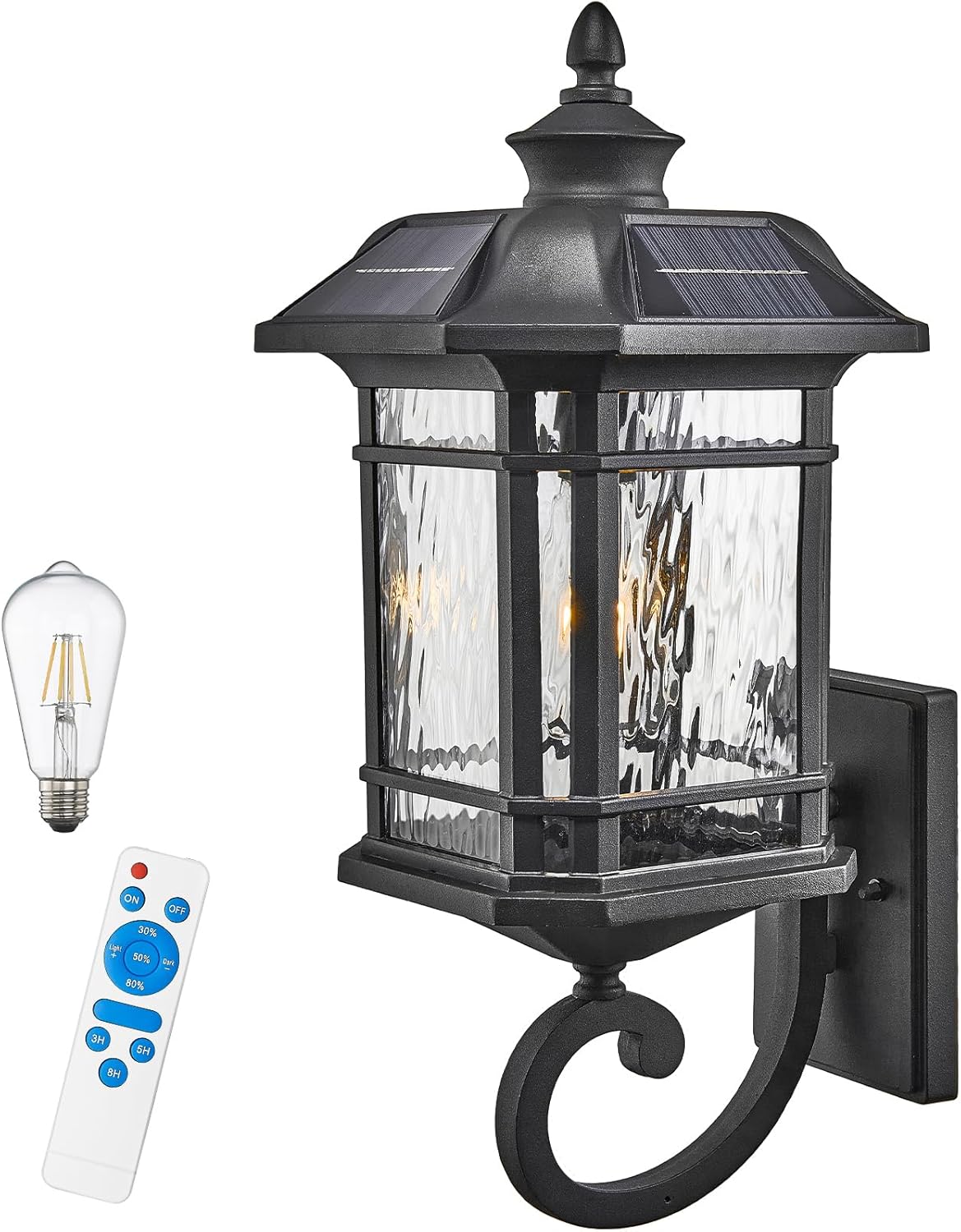 Solar Sconce Lights Outdoor 15.7 Inch Height Exterior Lighting Fixture Dusk to Dawn Outdoor Solar Wall Lamp with Water Ripple Glass Black Finish and Waterproof