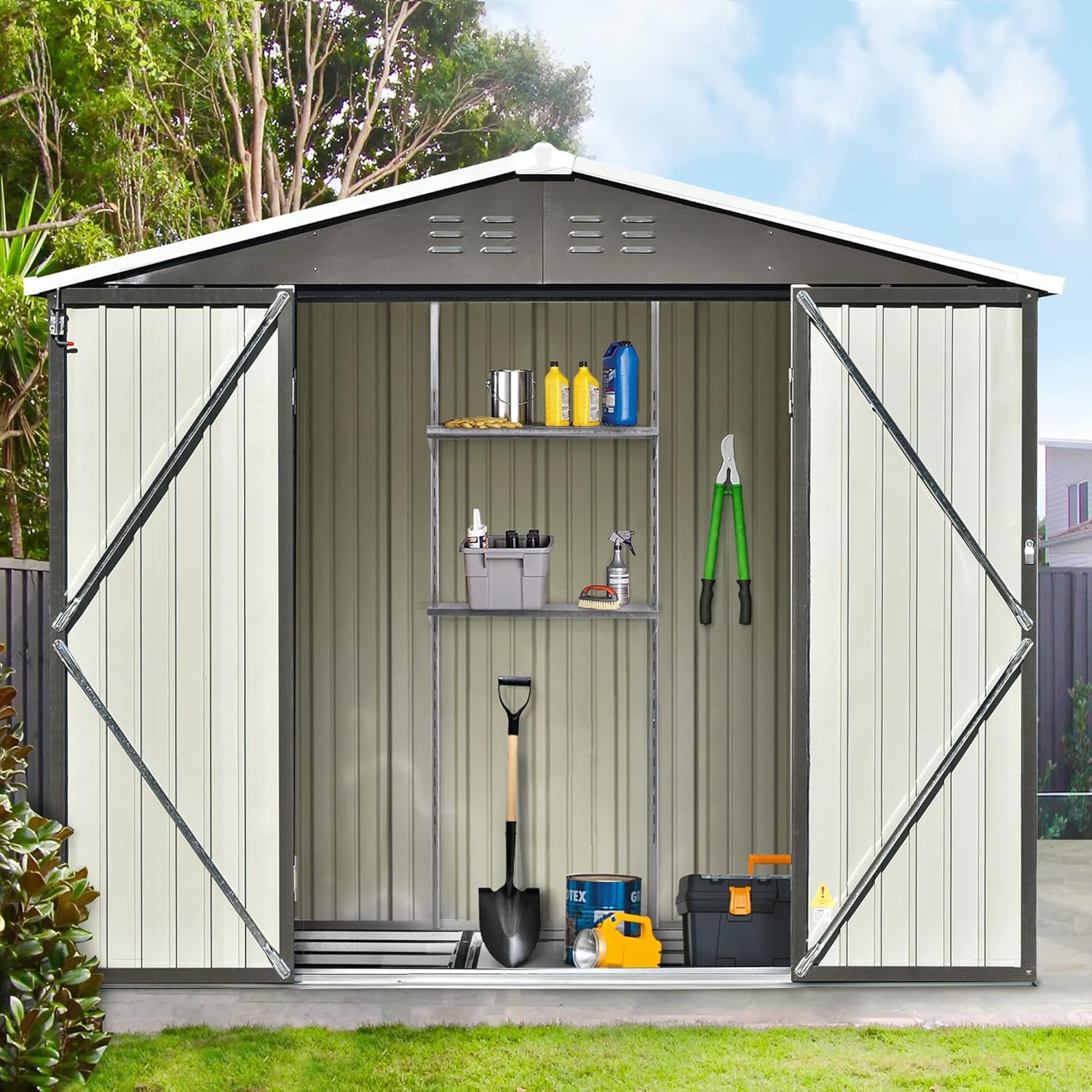 LUMISOL 8' x 6' Outdoor Metal Storage Shed, Steel Galvanized Garden Shed with Double Lockable Door & Floor Frame, Waterproof Tool Storage Shed House for Backyard, Patio & Lawn (Gray)