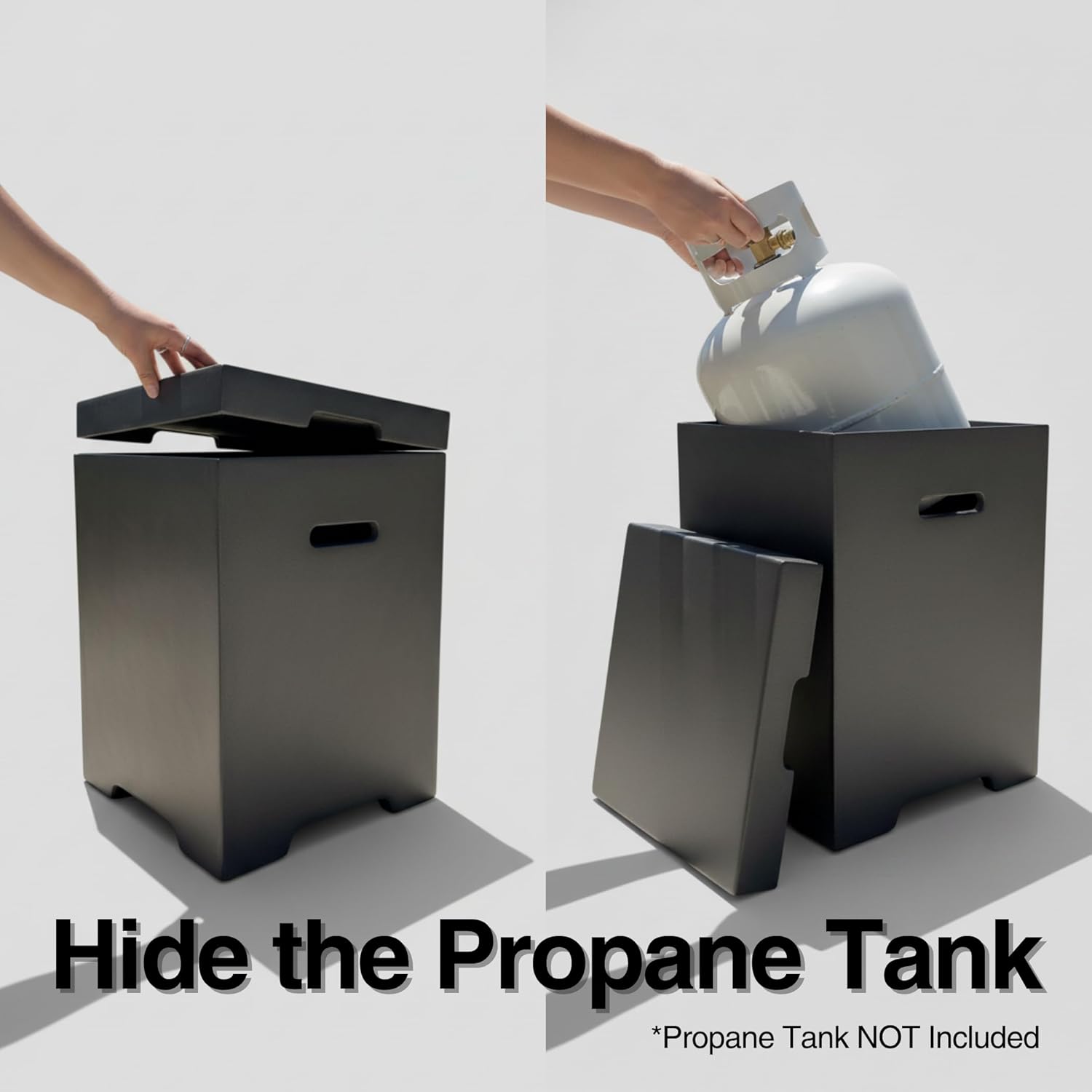 Concrete Propane Tank Cover with Functional Side Table Design, Dark Grey Lightweight Construction Hides 20LB Cylinders for Fire Pit and Griddle Setups While Providing Patio Table Space