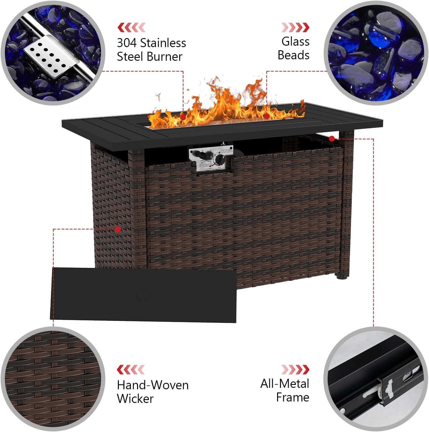 44IN Brown Wicker Gas Fire Pit Table with Side Door, Propane Powered, 50000 Btu Heat Output