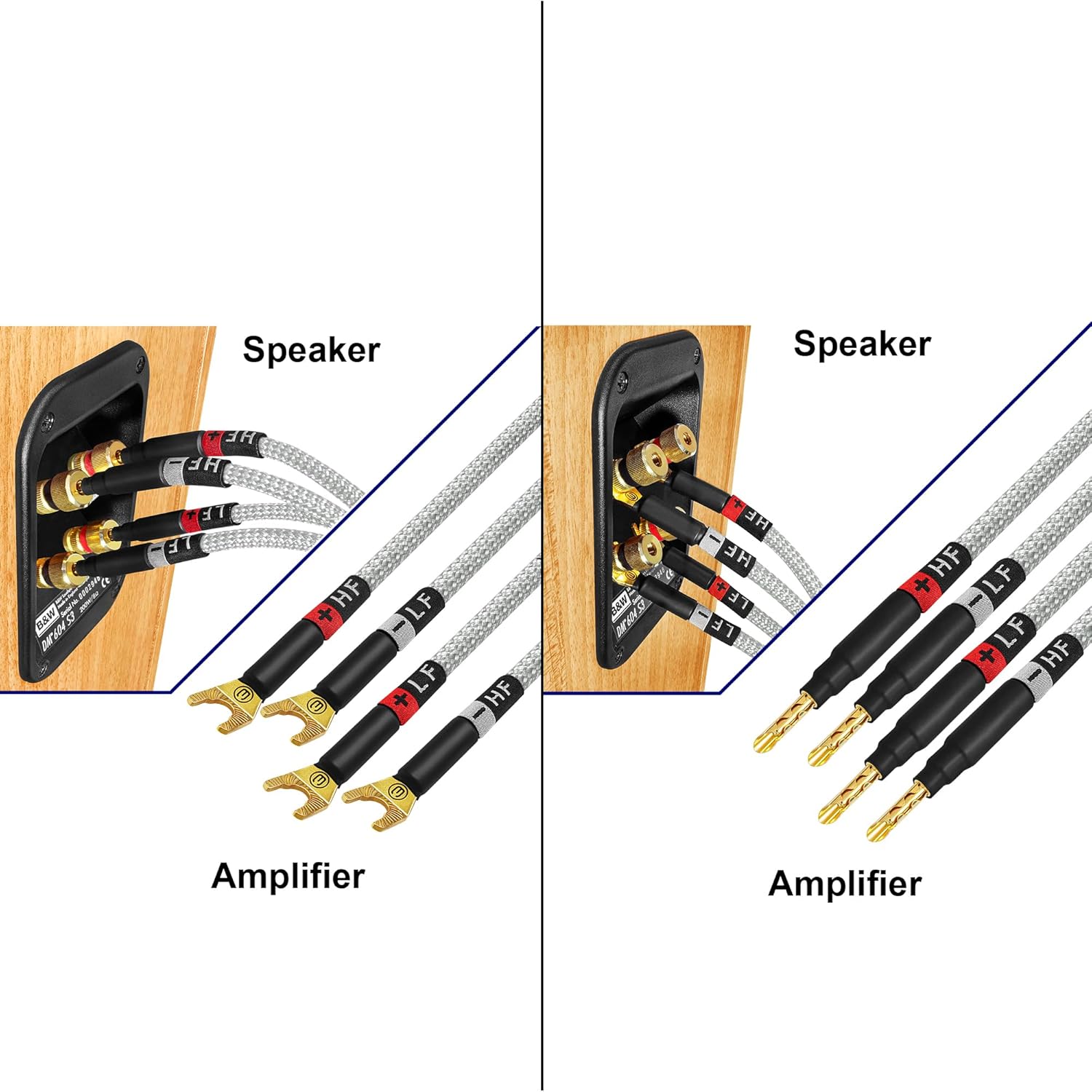 WORLDS BEST CABLES 6 Foot Ultimate - 12 AWG - Ultra-Pure OFC - Premium Audiophile HiFi Bi-Amp Speaker Cable Pair with Eminence Gold Banana (x4) & Spade (x4) Plugs & Silver Tweed Jacket