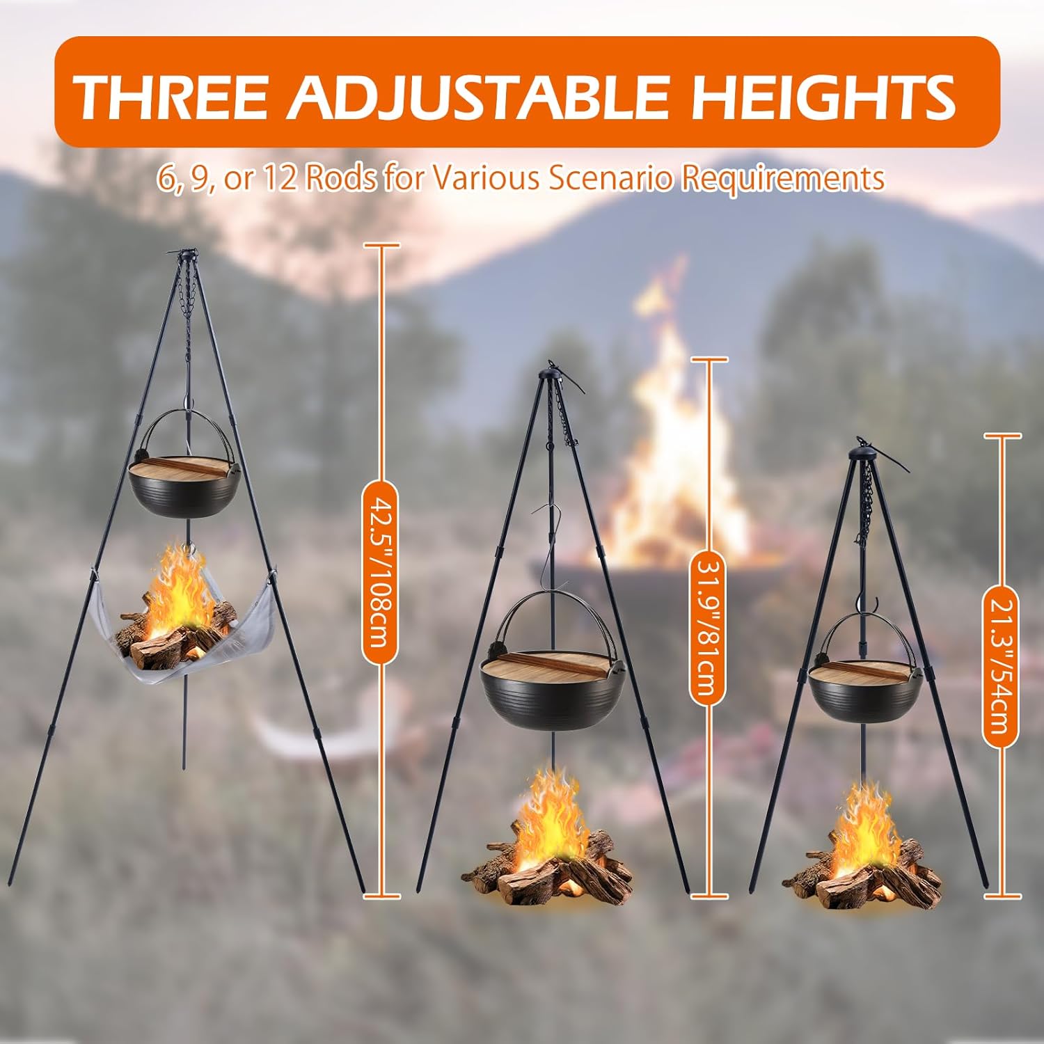 CHANGE MOORE Tripod Grill for Campfire, Portable Outdoor Over The Fire Camping Oven Tri pod with Fire Pit, Grill, Steel Grate and Legs, Campfire Tripod for Cooking