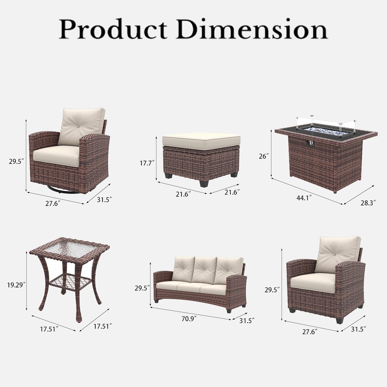 LayinSun 10 Pieces Patio Furniture Set with Swivel Chairs, Rattan Wicker Rocking Glide Chairs with 44