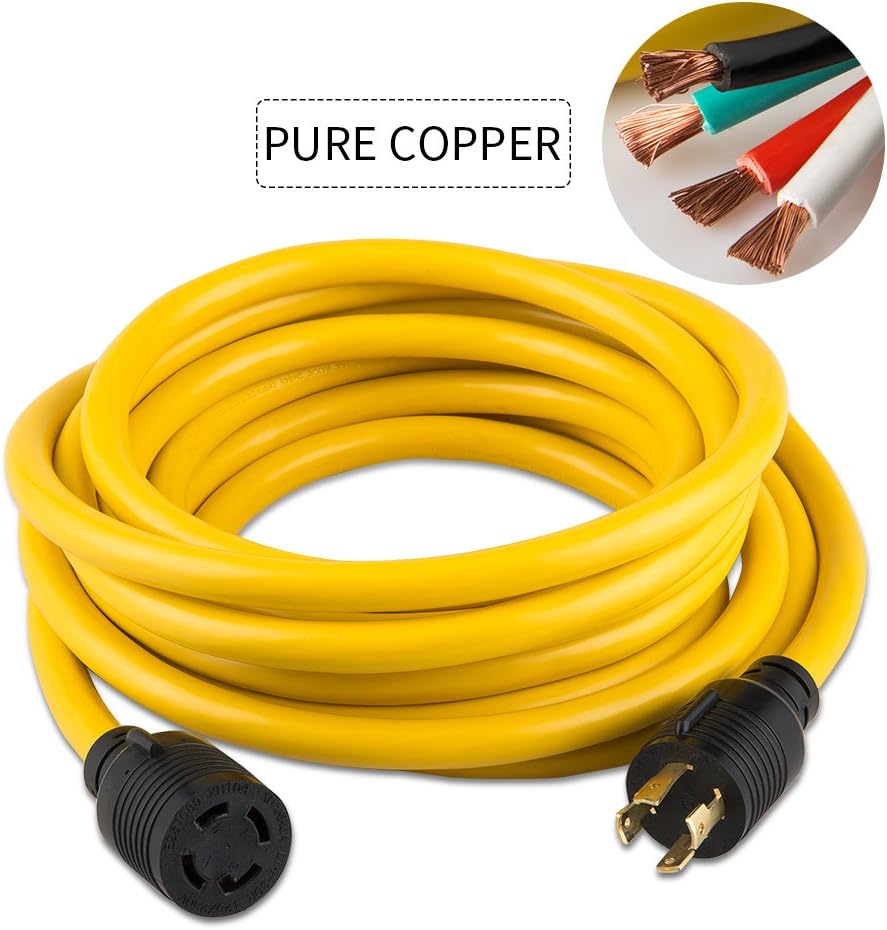 50 FEET Heavy Duty Generator Locking Power Cord NEMA L14-30P/L14-30R,4 Prong 10 Gauge SJTW Cable, 125/250V 30Amp 7500 Watts Yellow Generator Lock Extension Cord with UL Listed Yodotek