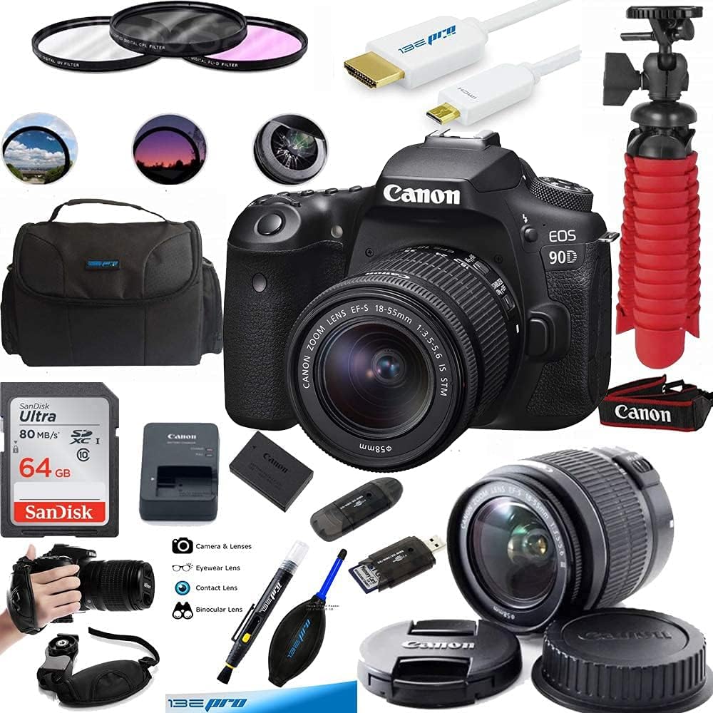 Canon EOS 90D Digital SLR Camera Body with EF-S 18-55mm f/3.5-5.6 is STM Lens - 64GB Essential Accessories Bundle (International Version) (Renewed)