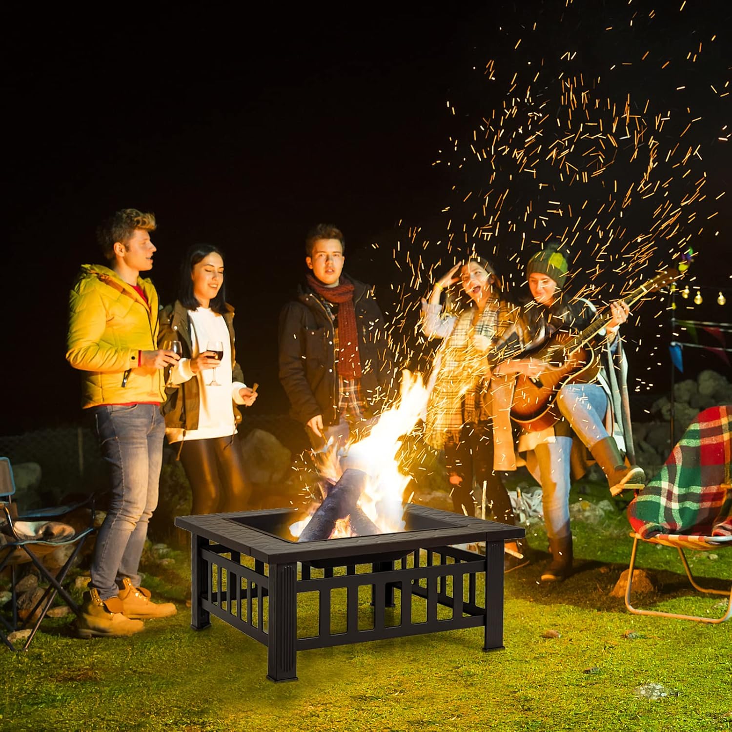 Tangkula 3 in 1 Outdoor Fire Pit, 32 Inch Square Steel Fireplace with Spark Screen, Log Grate, BBQ Grill, Poker, Rain Cover, Wood Burning Fire Pit Stove for Camping, Outdoor Heating, Bonfire