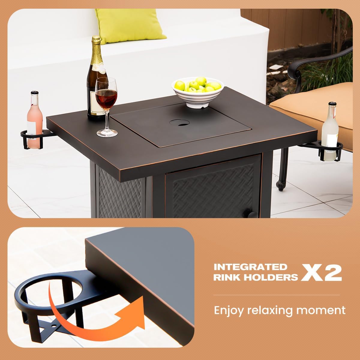 32'' Propane Fire Pit,50000 BTU Gas Firepit Table with 2 Drink Holders, Lid & Lava Rock,Outdoor Fire Pit Table for Dining or Party,Propane Firepits for Outside,Patio,Yard