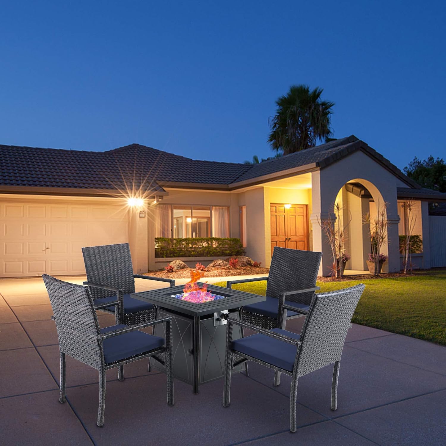 MFSTUDIO 28 Inch Propane Gas Fire Pit Table & 4 Wicker Chairs Furniture Set with Blue Fire Glass, Multi-Function Outdoor Fire Table Set, 50,000 BTU, CSA Certification