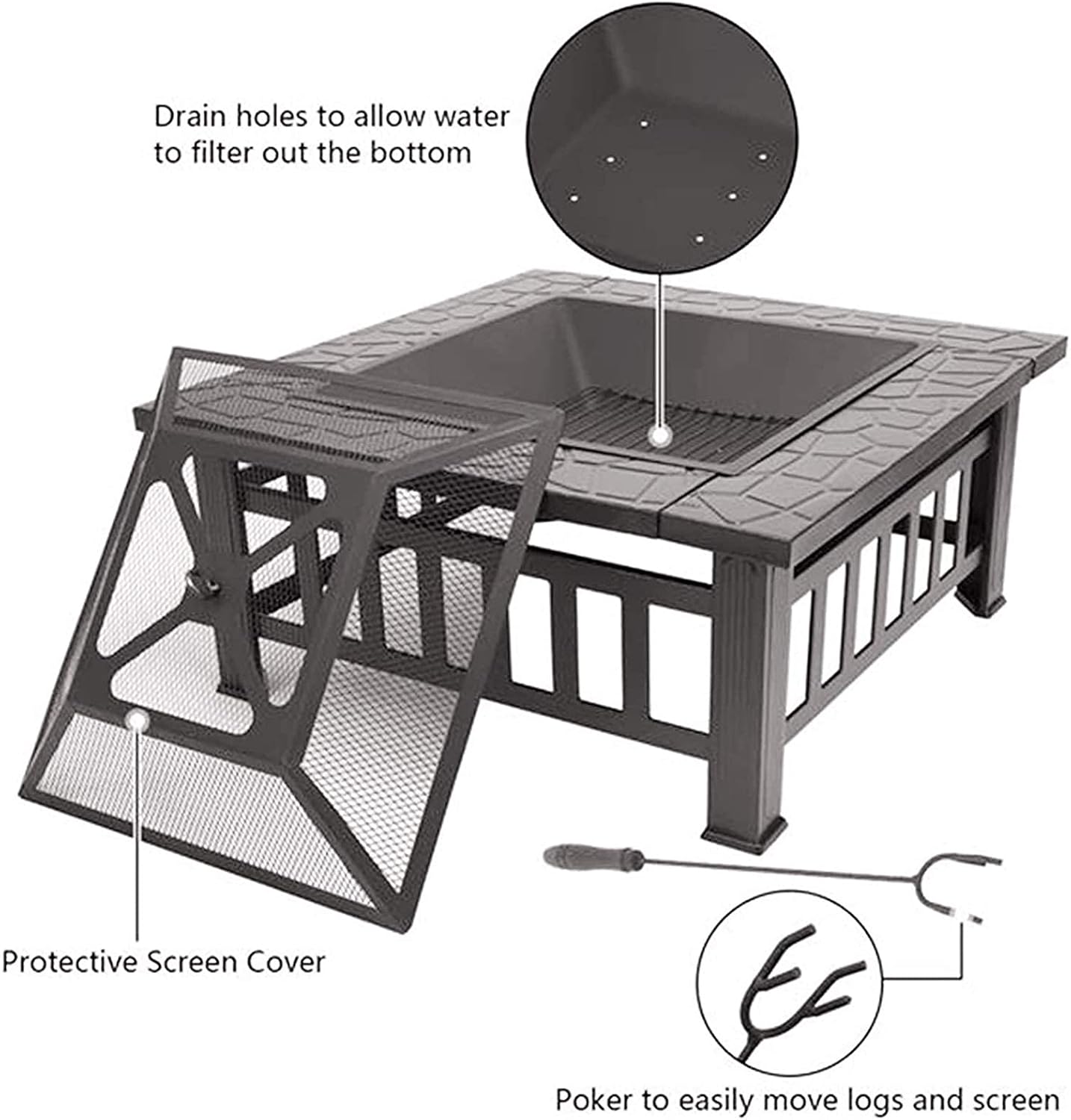 Fire Pit with BBQ Grill Shelf,Outdoor Metal Brazier Square Table Garden Patio Heater/BBQ/Ice Pit with Waterproof Cover