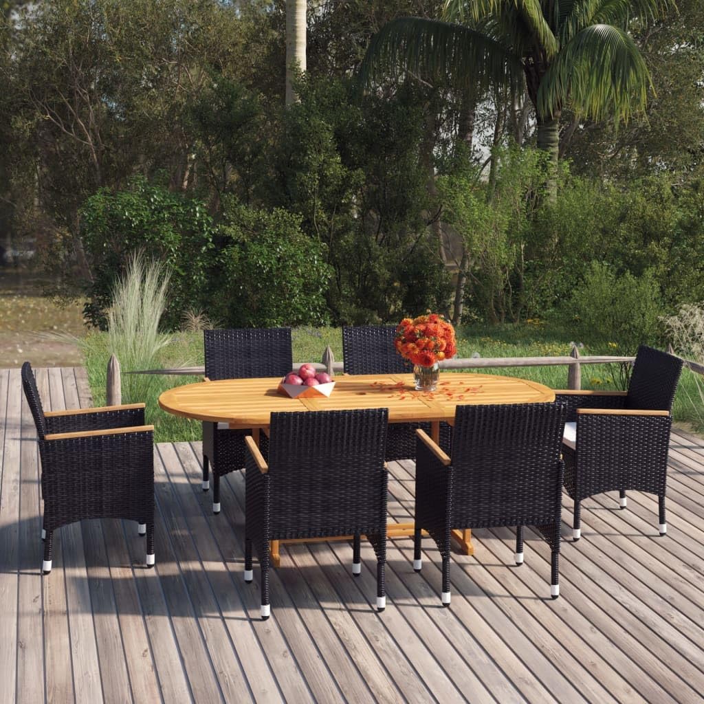 7 Piece Patio Dining Set Poly Rattan Black,Acacia Wood Patio Dining Set with Comfortable Rattan Chairs for Outdoor Use Patio Furniture Sets, Outdoor Furniture Sets