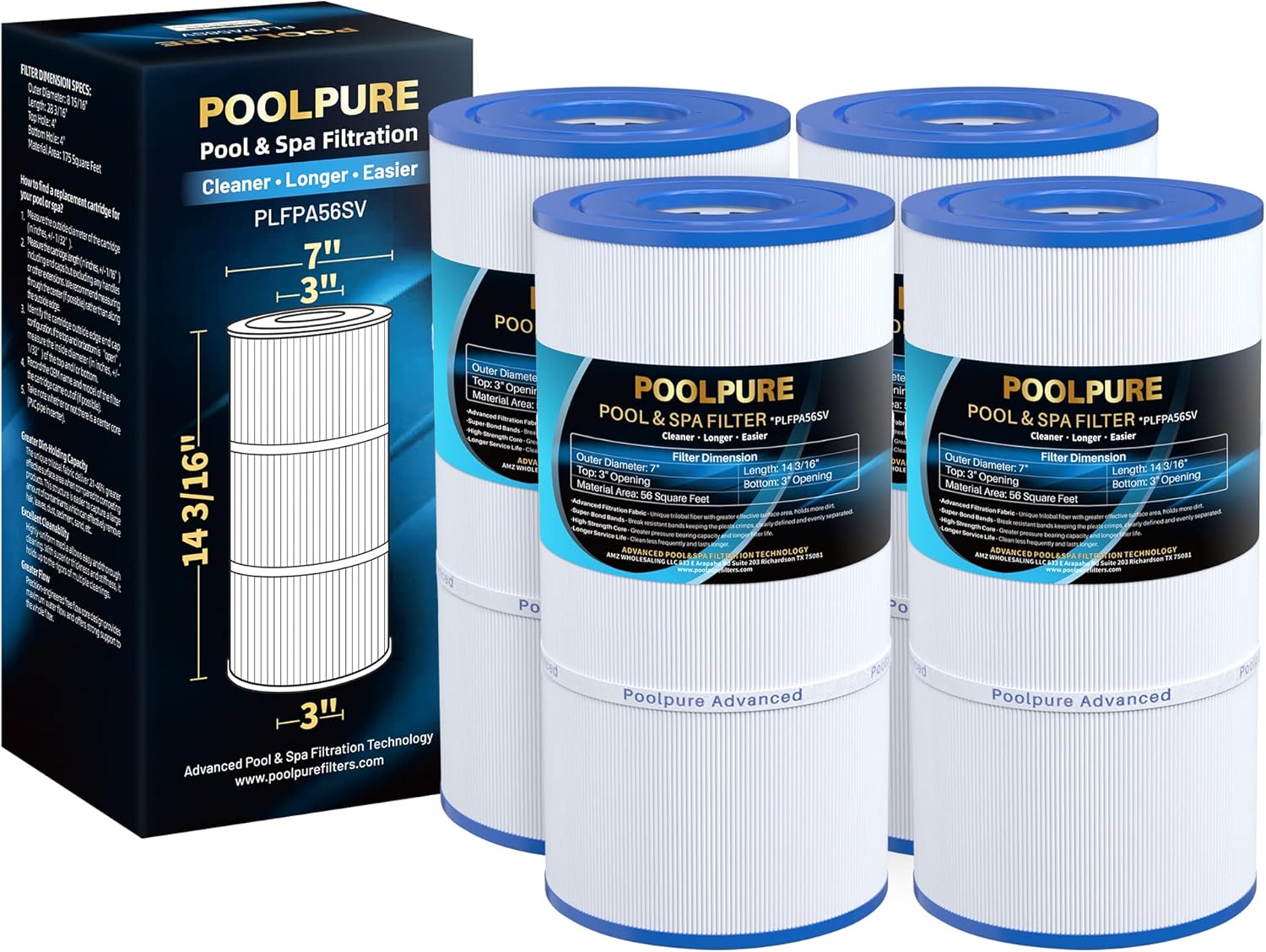POOLPURE Replacement for Pool Filter Hayward CX480XRE, Pleatco PA56SV-PAK4, Ultral-A4, Unicel C-7458, Filbur FC-1223, FC-6420, Hayward SwimClear C2020, C2025, 4X56 sq. ft. Filter, L: 14 3/16 inch