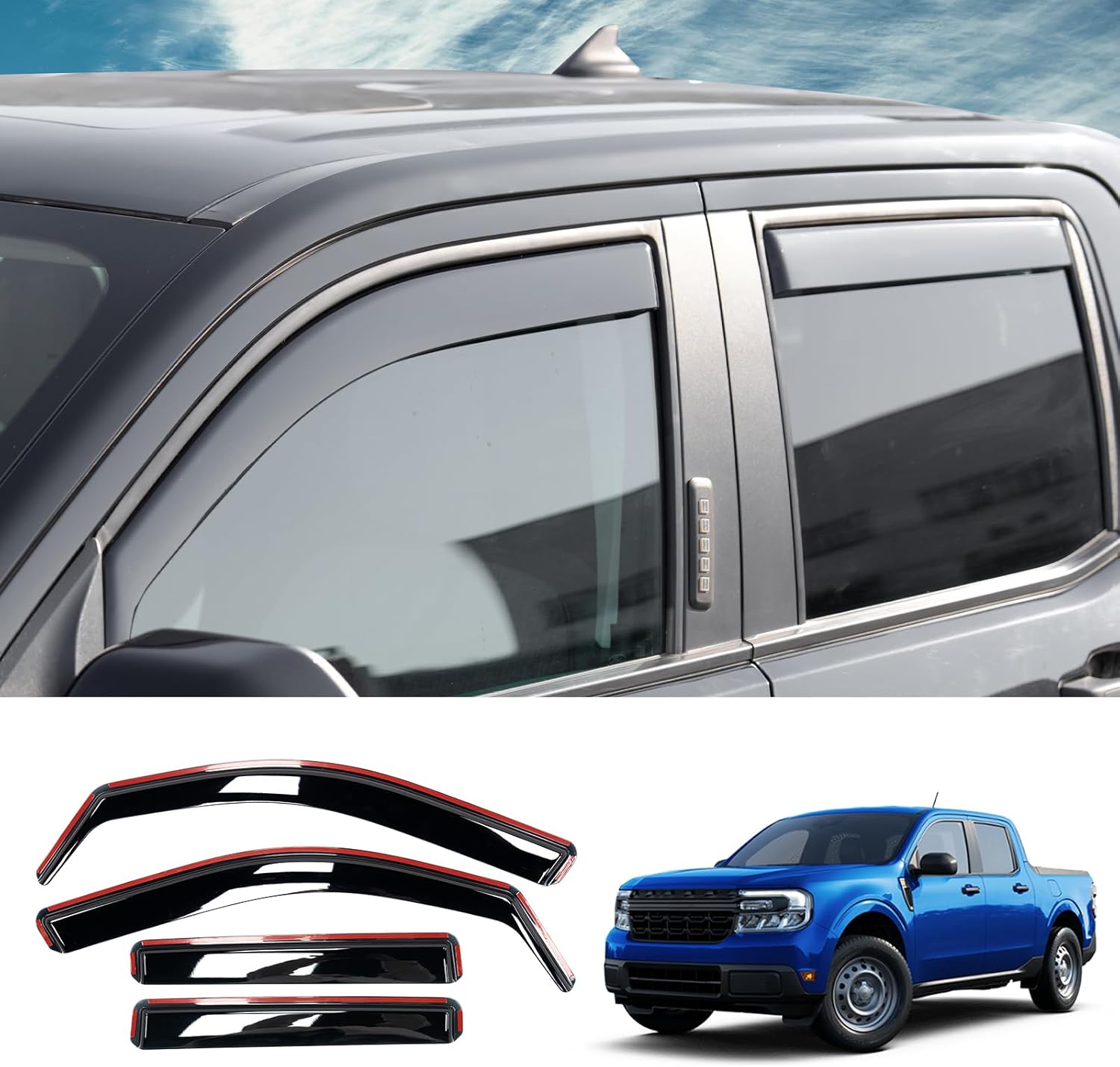 Visor Rain Guards Compatible with 2022-2025 2026 Ford Maverick Front and Rear in-Channel Window Visors Wind Deflectors Weather Shield for 2024 Maverick 4PCS Accessories
