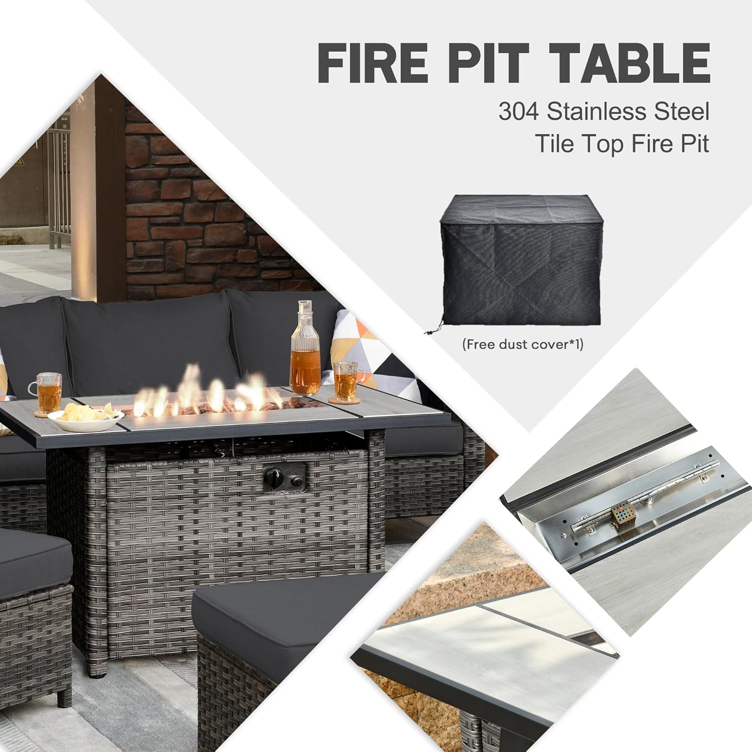 HOOOWOOO Patio Outdoor Conversation Set with Fire Pit Table,7 Pieces Outside Furniture Sofa Set with PE Wicker Swivel Rocking Chairs,Gas Fire Pit Table,Side Table and Ottomans,Black