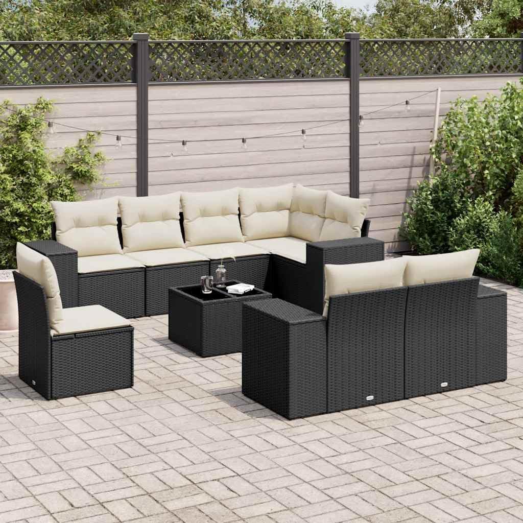 9-Piece Modular Garden Sofa Set, Black Poly Rattan, Cream White Cushions, Outdoor Patio Furniture Seating for 9, Weather-Resistant