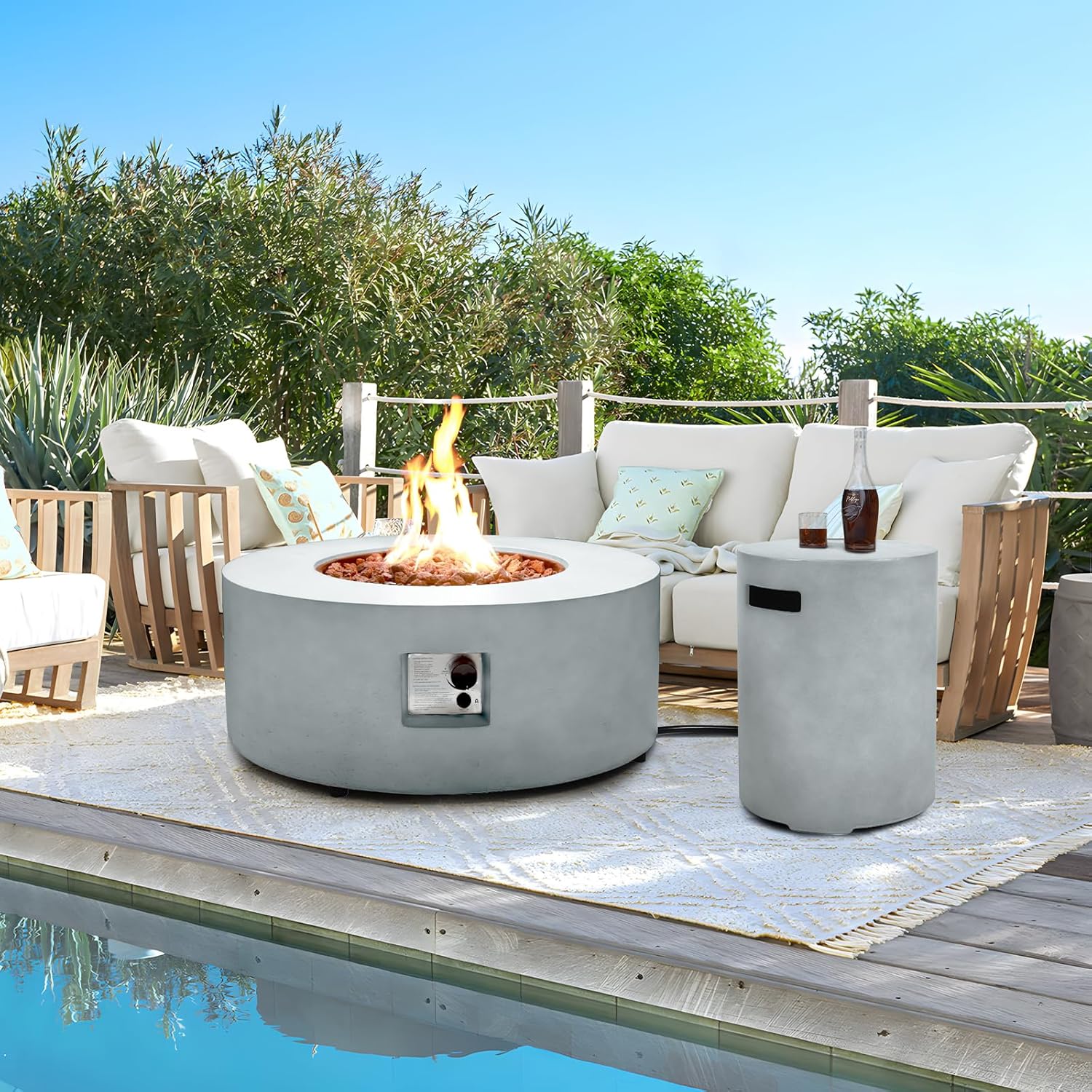 36 Inch Round Fire Pit Table,Propane Fire Pit Table Outdoor Firepit 2-Piece 50,000 BTU Gas Concrete Fire Pit Tank Cover w Lid,Lava Rocks, Rain Cover for Backyard & Deck