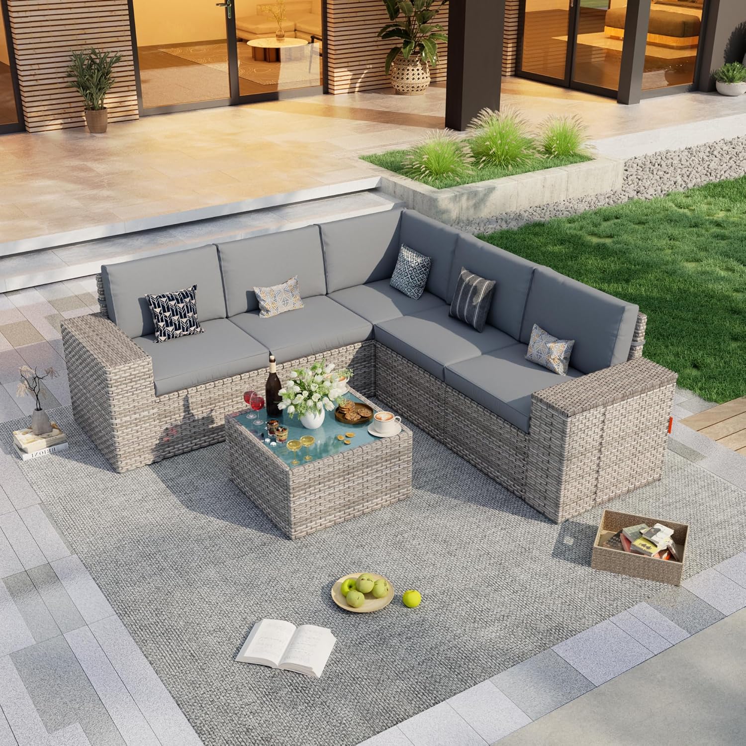 6-Piece Outdoor Patio Furniture Set, Rattan Wicker Conversation Set with Wide Armrests, Outdoor Modular Sectional Couch Seating Group Sofa for Deck Garden Porch (Gray Cushions)