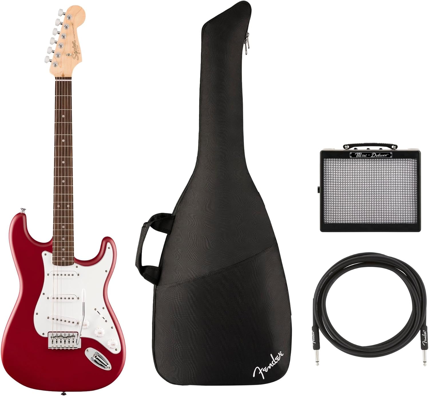 Fender Squier Debut Series Stratocaster Electric Guitar, Beginner, Dakota Red With Matte Finish + Gig Bag + Mini Deluxe Amp + 10 ft Cable, Black