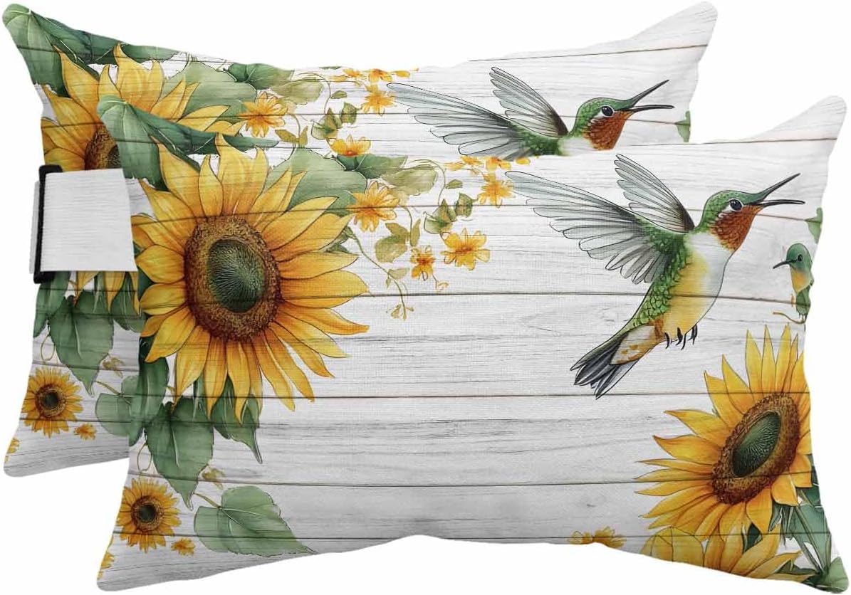 Outdoor Pillow for Chaise Lounge Chair Sunflower Hummingbird Waterproof Lumbar Pillow with Insert Wood Grain Headrest Pillow with Adjustable Elastic Stripe for Recliner Beach Garden Patio 12x20 Inch