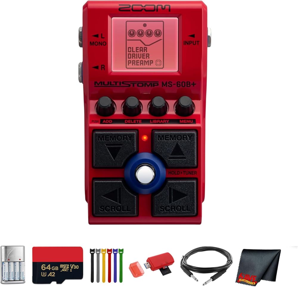 Zoom MS-60B+ MultiStomp Multi-FX Bass Pedal Bundle With Microfiber Cleaning Cloth + 4x AA Batteries With Charger + Balanced Interconnect 1/4 inch TRS to Same Cable