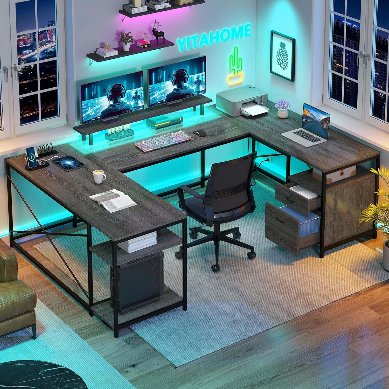 YITAHOME U Shaped Desk with Power Outlets & LED Lights, 79